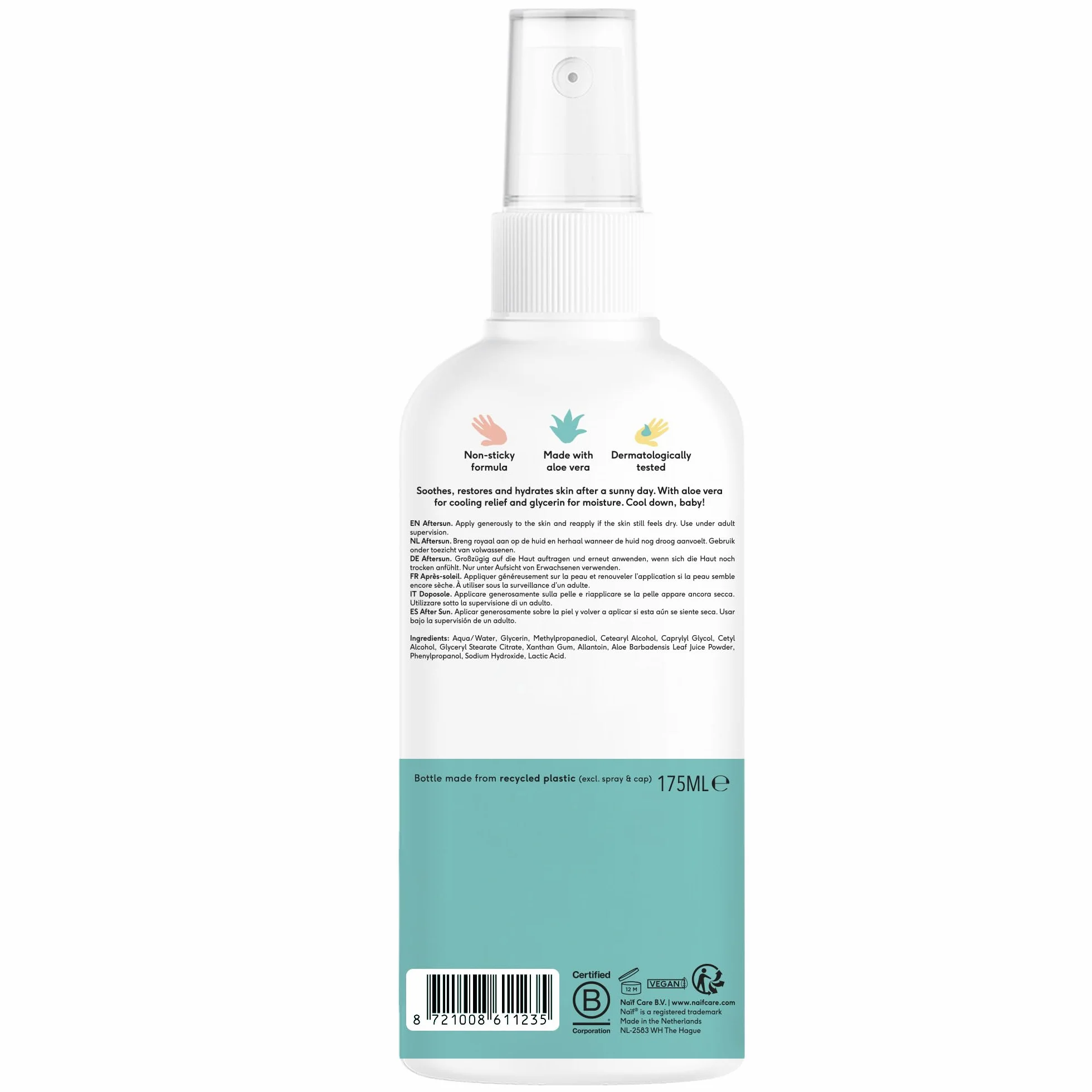 Naïf - Spray refrescante aftersun - para bebé y niño - 0% perfume - Calma y refresca la piel - Sin microplásticos, aceites minerales ni siliconas - Dermatológicamente probado - Vegano - 175 ml