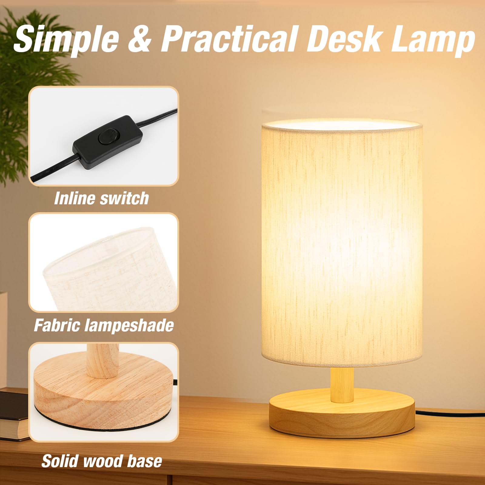 Classic Wood & Linen Bedside Table Lamp with LED