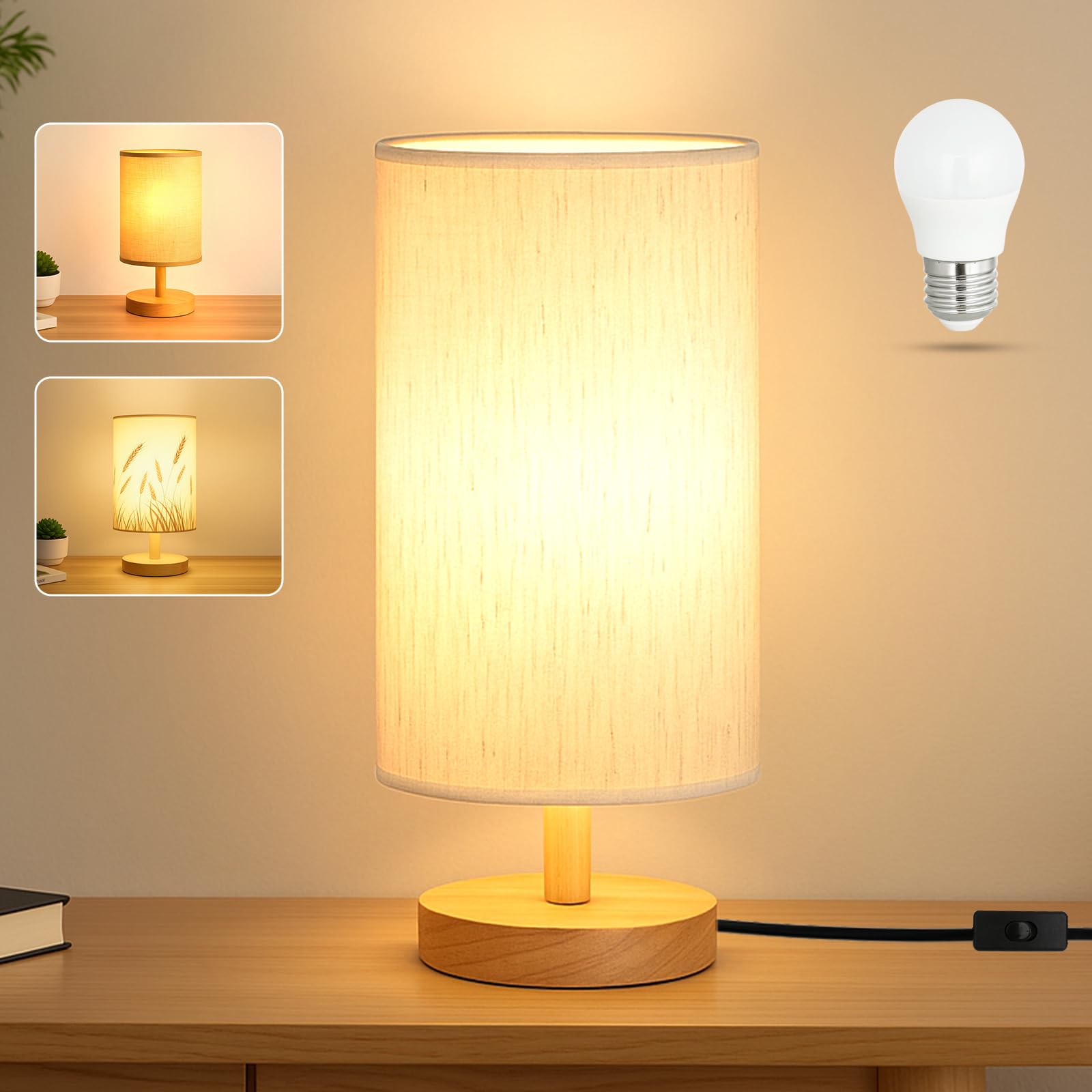 Classic Wood & Linen Bedside Table Lamp with LED
