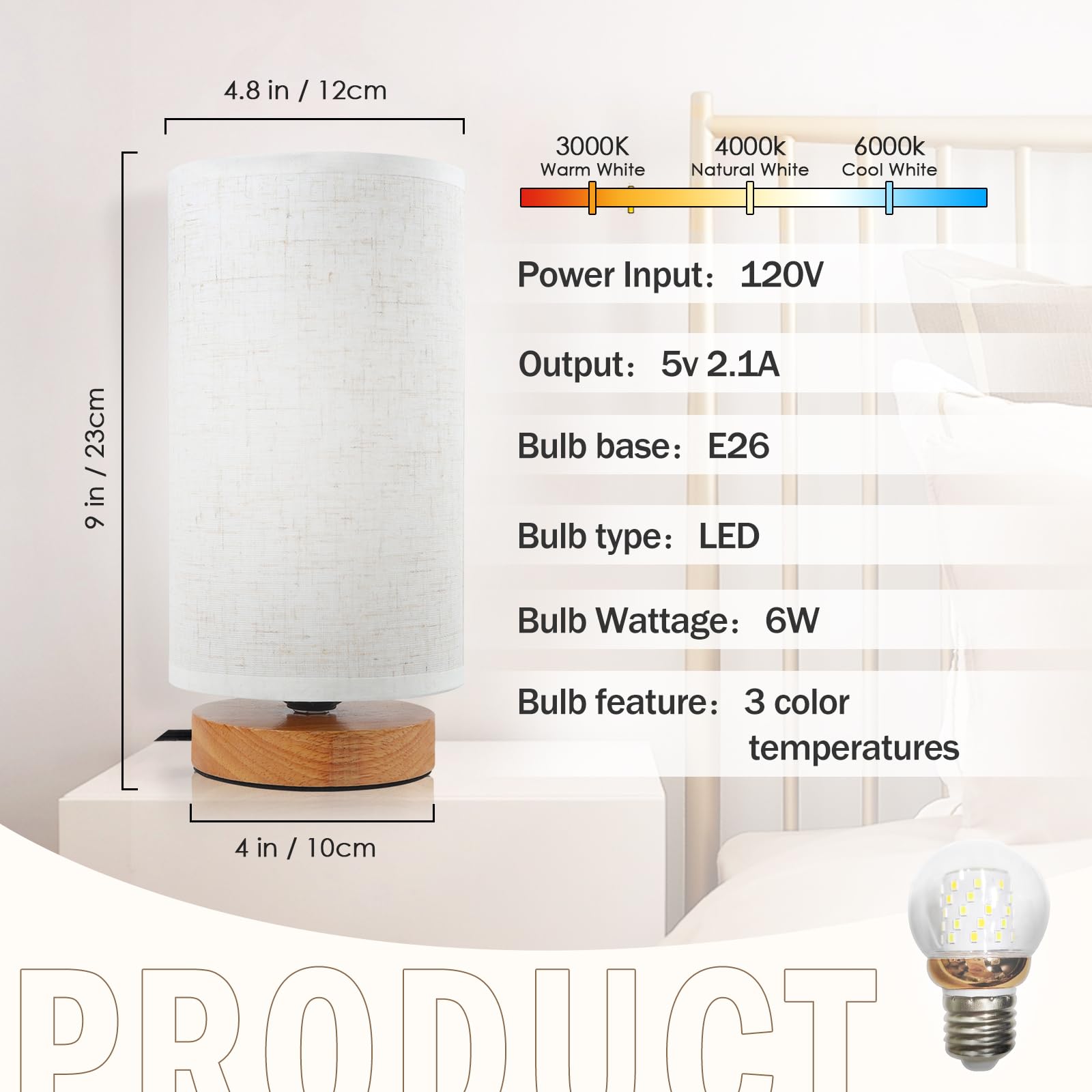 Minimalist Dimmable Bedside Lamp with Linen Shade, Adjustable Color
