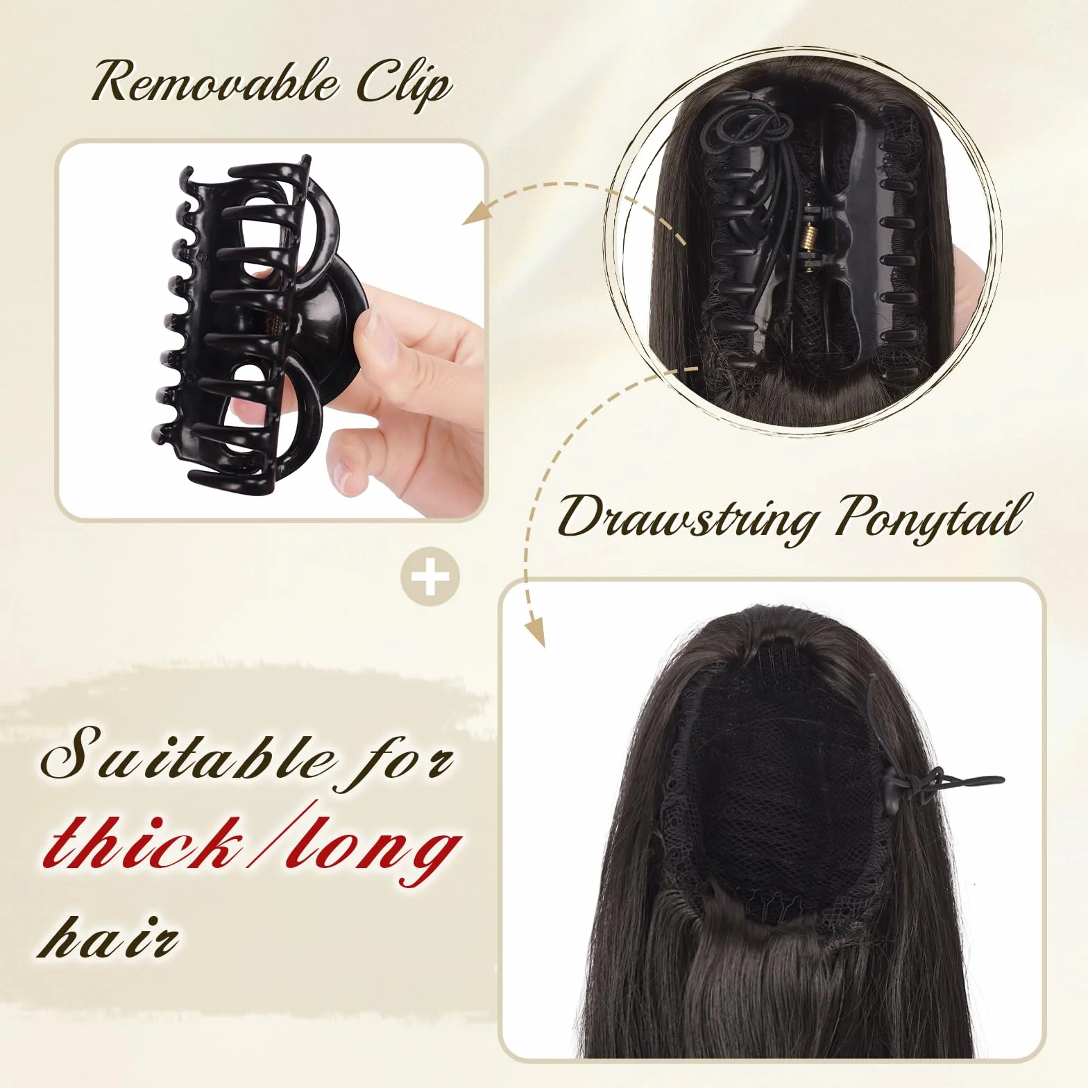FESHFEN Coletas Postizas con Pinza - Coleta Postiza Pelo Natural Lisa Larga Ponytail Clip de Extensiones de Cabello Negro Marrón Sintético Cola Postizos para Mujeres, 63 cm