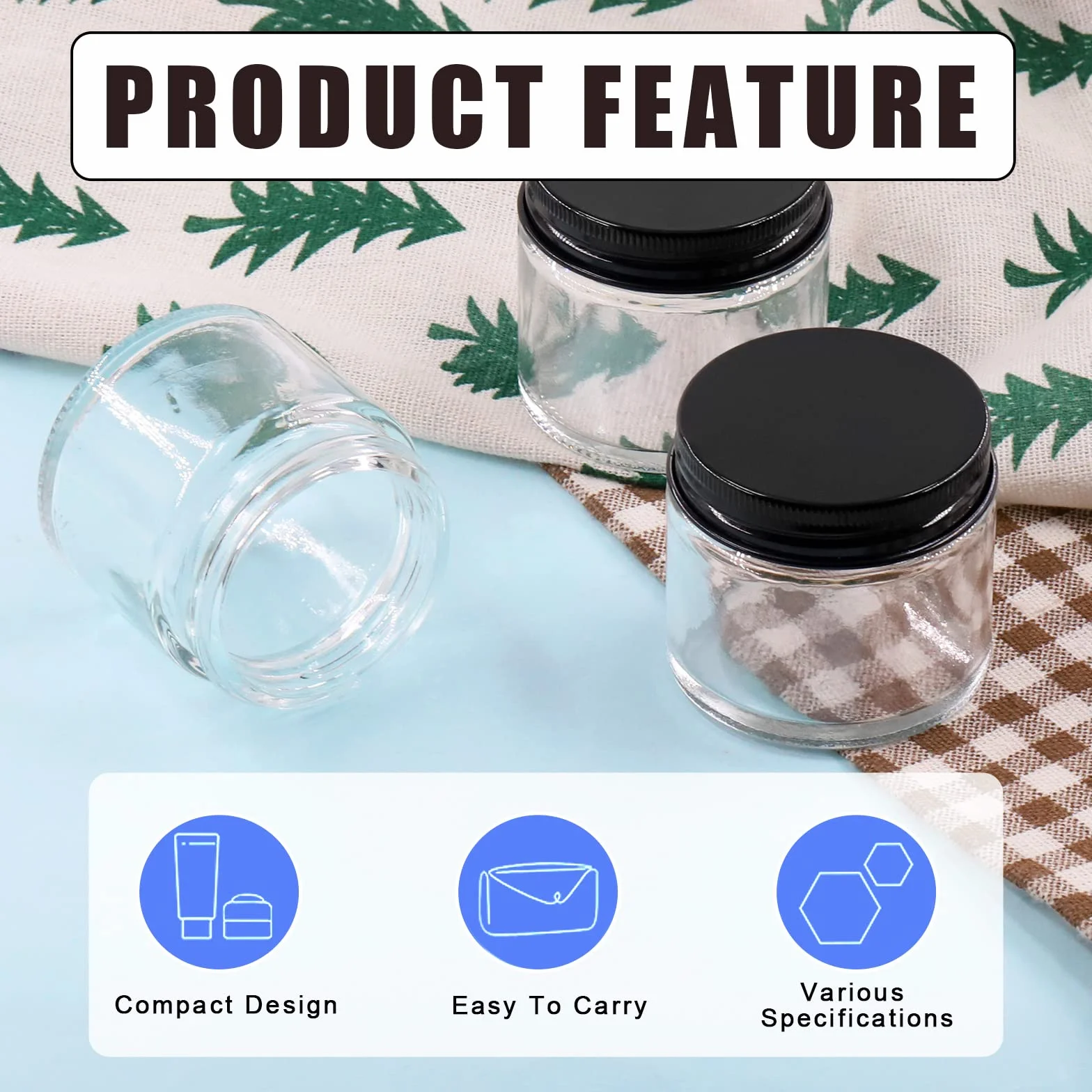 Glarks 15 paquete 2 oz / 60 ml frascos de vidrio con tapas, frascos redondos de vidrio transparente con forro interior y tapas negras para almacenar cremas, productos de belleza