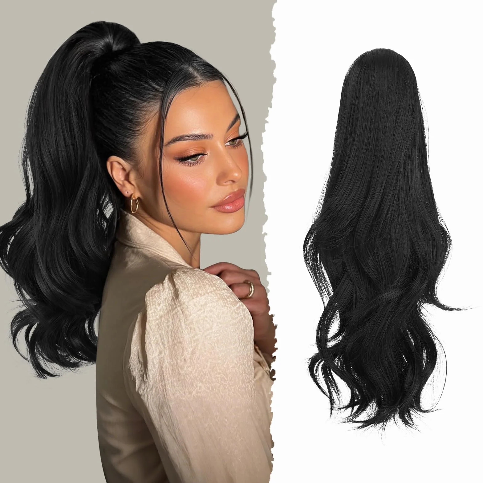 Sofeiyan Coleta Postiza Larga Ondulada con Pinza, Extensión de Coleta Natural de Doble Uso, 41 cm de Sintética Pinza de Pelo en Extensión de Trenza para Mujeres, Negro natural