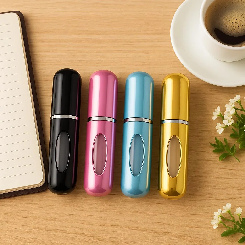 Kyrotech Mini botella de perfume recargable portátil, atomizador recargable, estuche de bomba de repuesto para viajes y salidas (negro, plateado, azul marino, lila)