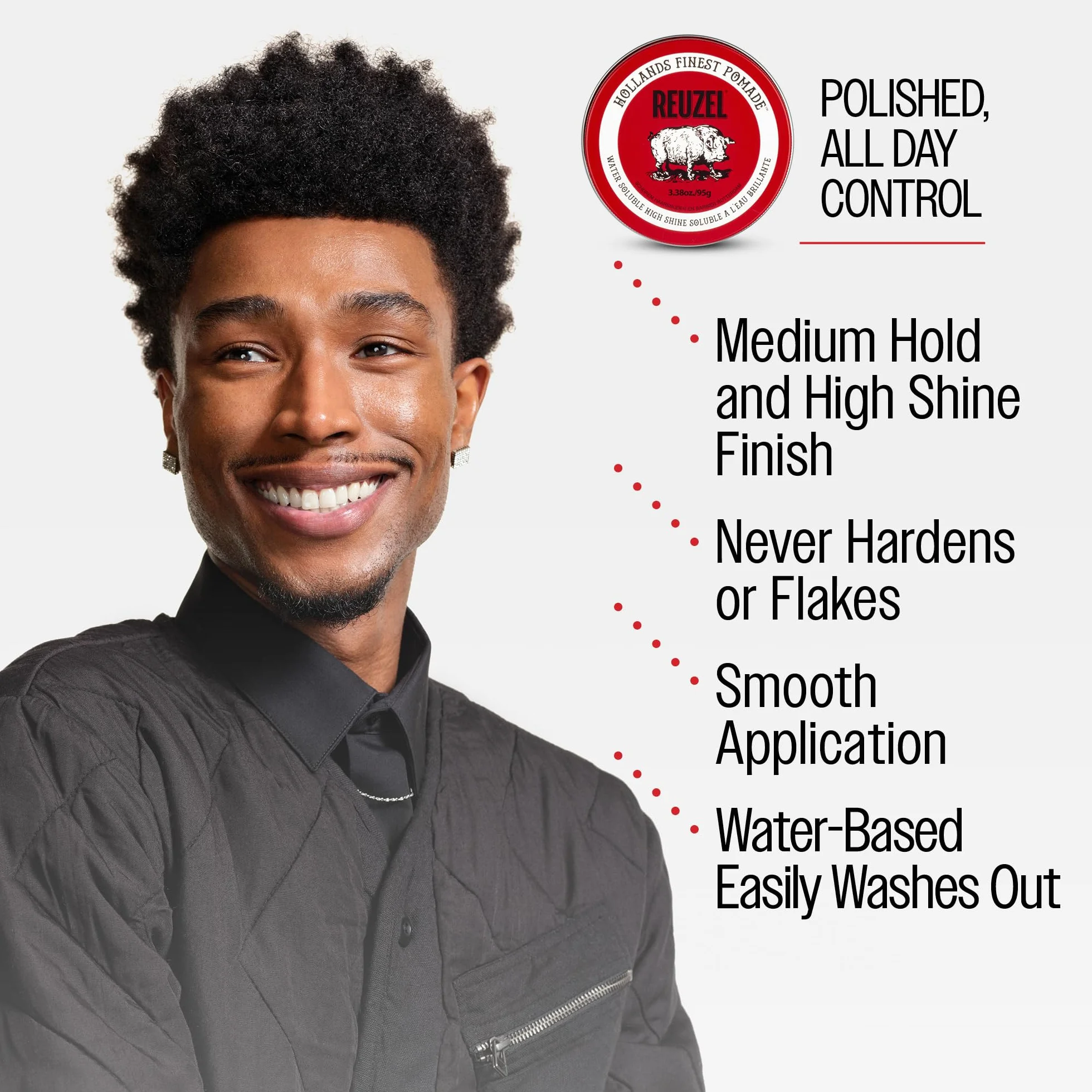 Reuzel Pomada roja de fijación media y brillo intenso para hombres, pomada soluble en agua para un aspecto flexible y brillante, 3,38 oz/95g