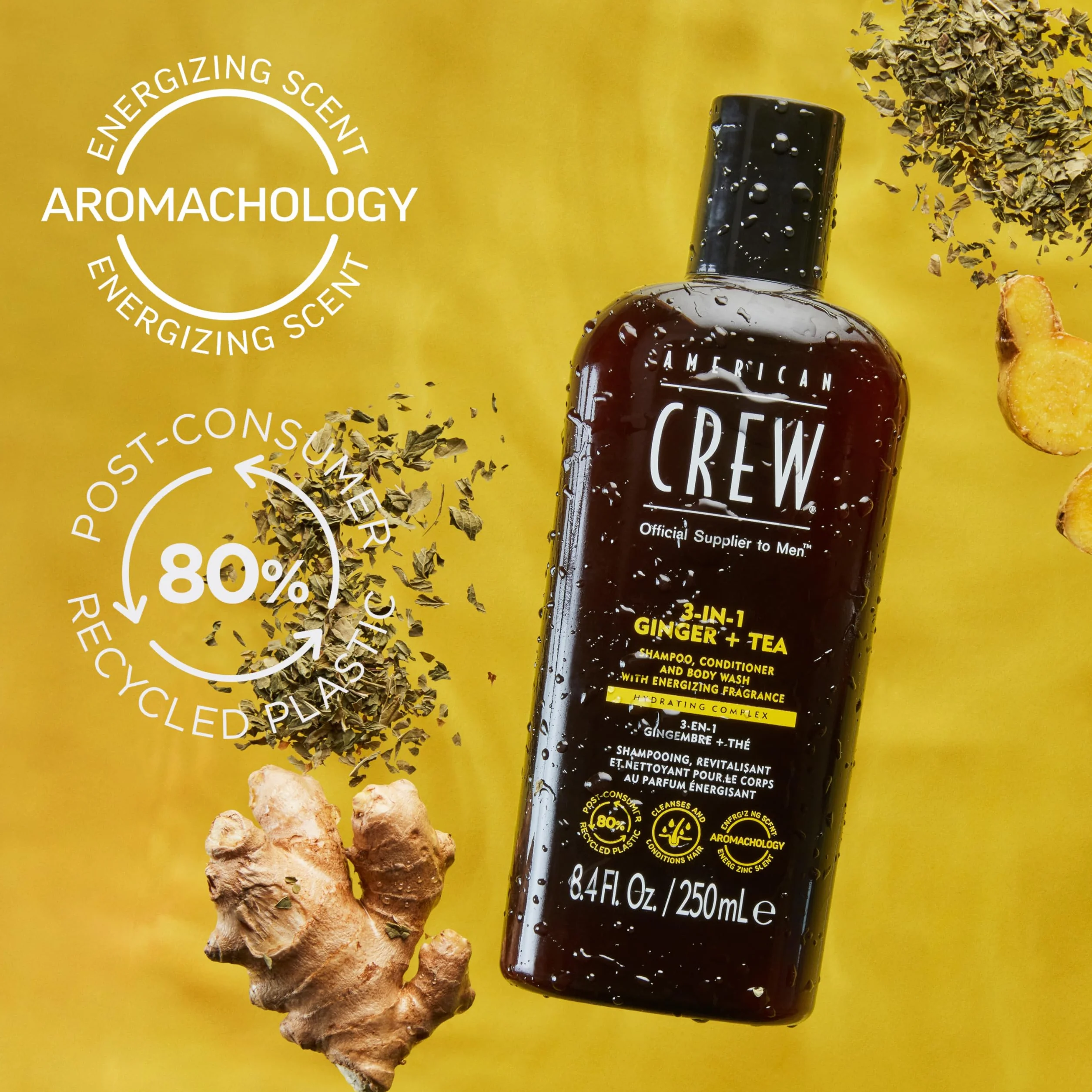 American Crew 3 en 1 Ginger + Tea, Champú Acondicionador y Gel de Ducha, Limpia e Hidrata el Cabello y el Cuerpo, Mantiene y Repone la Barrera de Hidratación, Aroma Revitalizante y Energizante