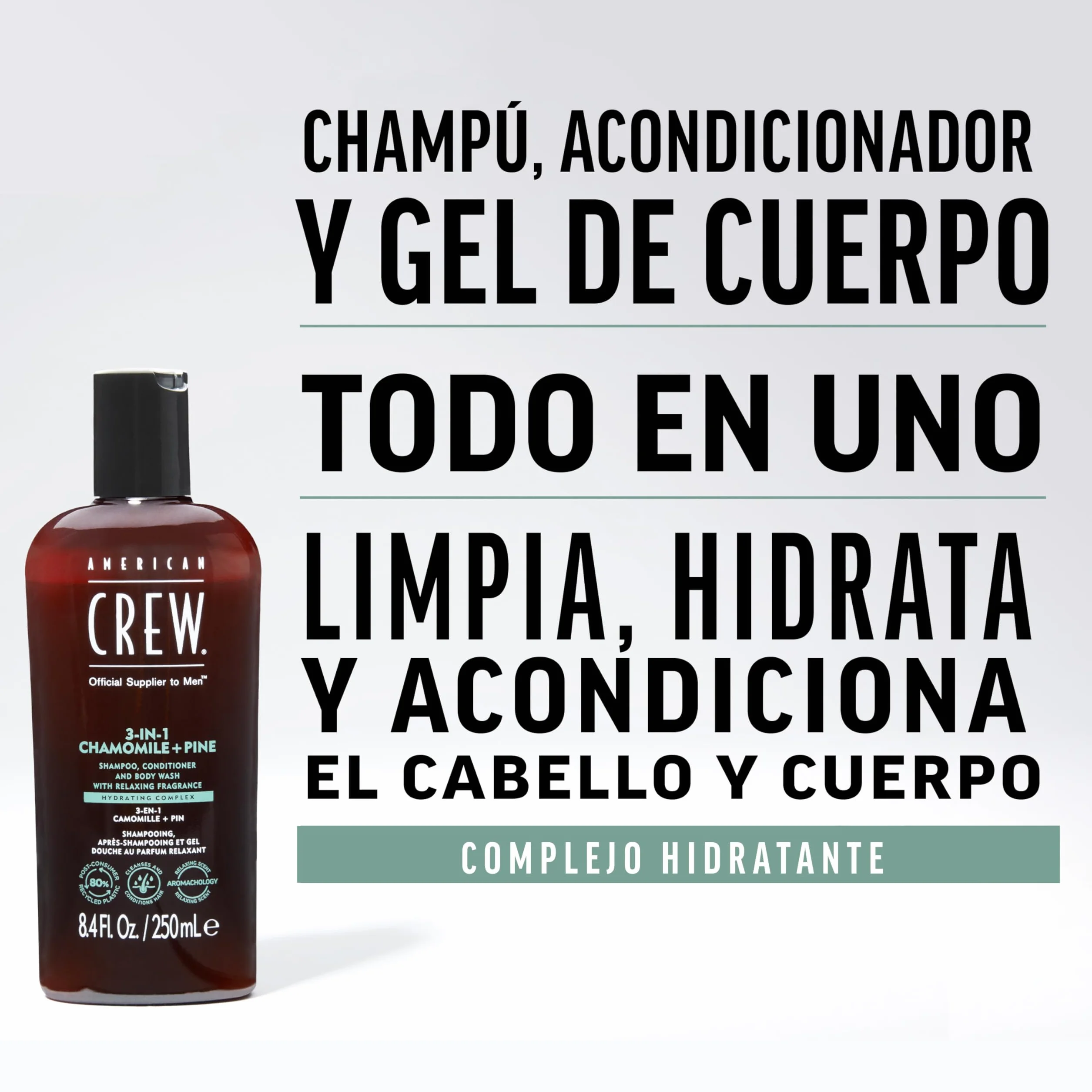 American Crew 3 en 1 Manzanilla y Pino, Champú Acondicionador y Gel de Ducha, Limpia e Hidrata el Cabello y Cuerpo, Mantiene y Repone la Barrera de Hidratación, Aroma Tranquilizante y Relajante