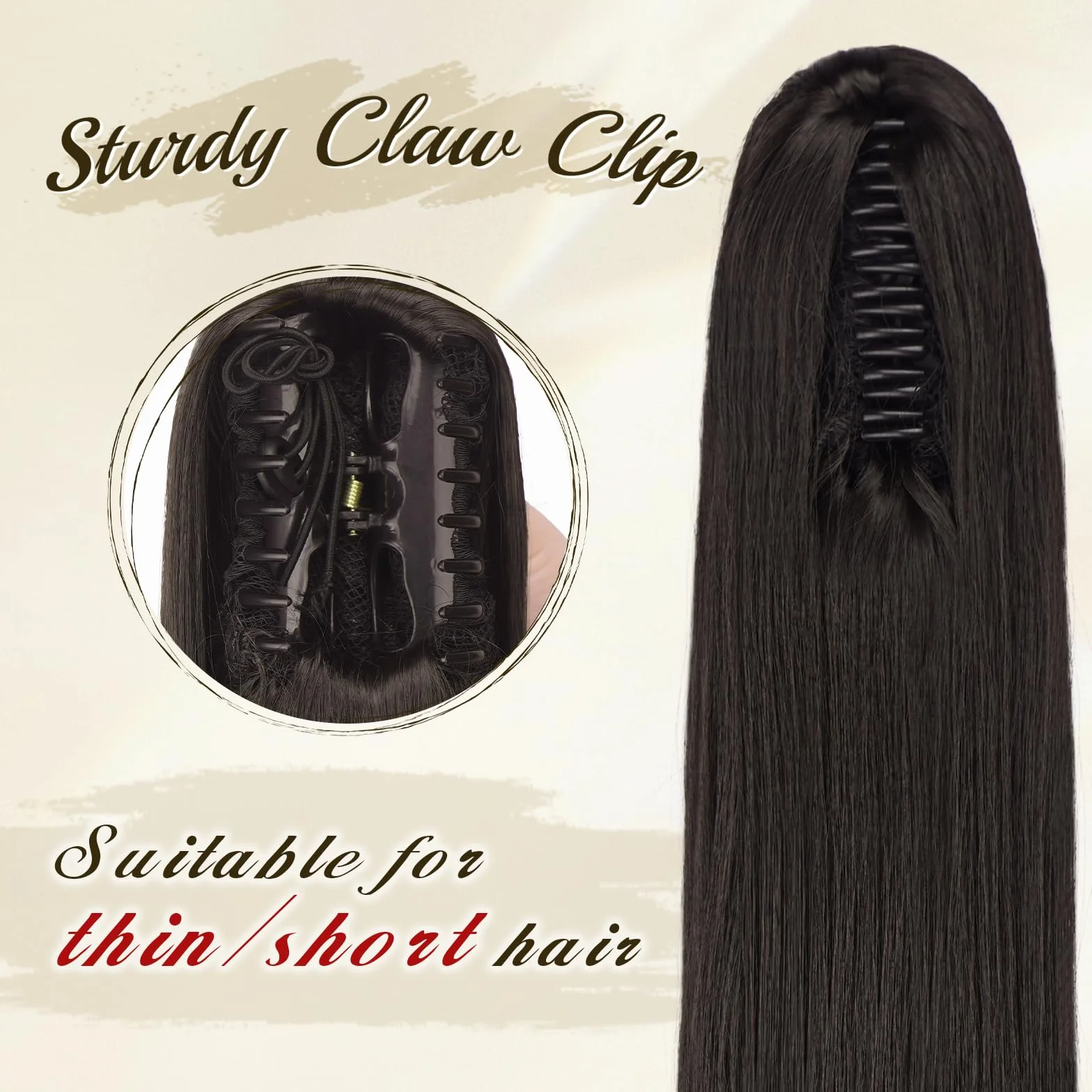 FESHFEN Coletas Postizas con Pinza - Coleta Postiza Pelo Natural Lisa Larga Ponytail Clip de Extensiones de Cabello Negro Marrón Sintético Cola Postizos para Mujeres, 63 cm