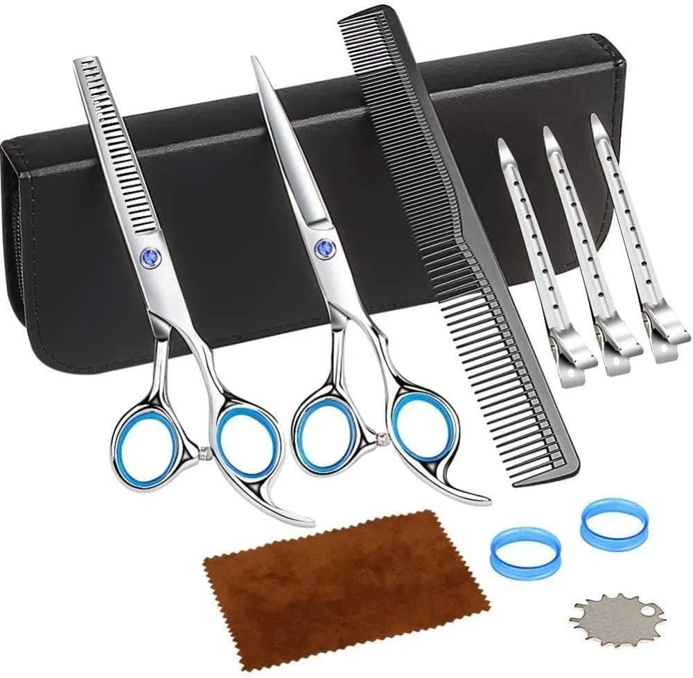 Tijeras de barbero, Set Profesional de peluquería con cortaúñas - Peine cortaúñas de Acero Inoxidable y Bolsa de Cuero para Mujeres, Hombres y niños.
