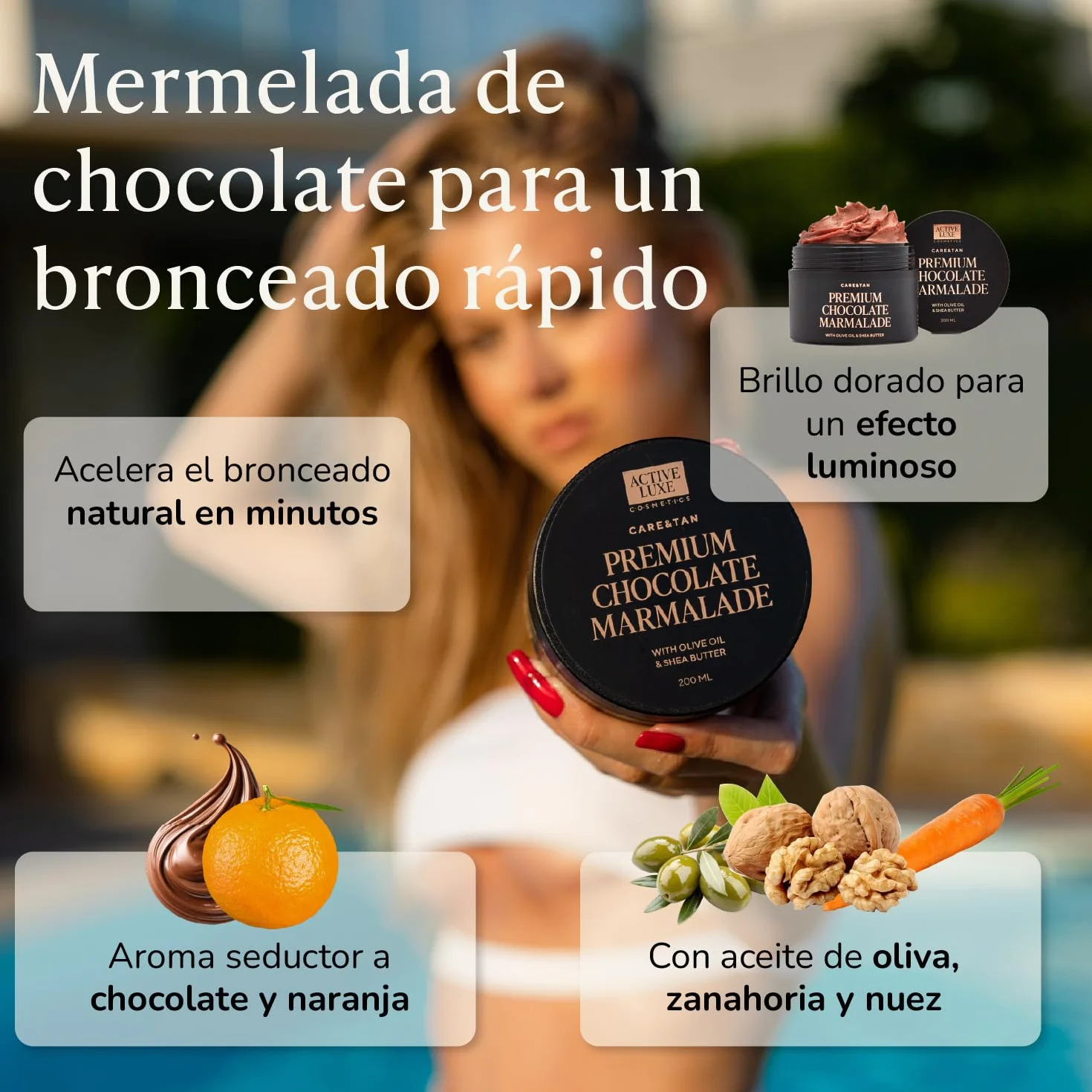 Active Luxe Mermelada de Chocolate Premium – Crema Bronceadora Rápida con Zanahoria y Aceite de Oliva – Crema Corporal para un Tono Más Oscuro (200 ml)