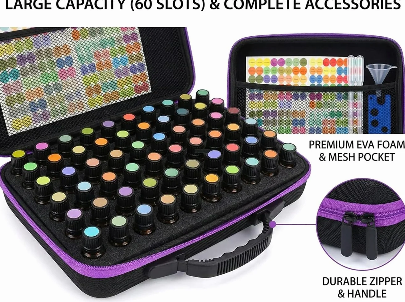 Caja de Aceite Esencial, 60 Rejillas Botellas Aceites Esenciales para Aceites Esenciales de 5 ml, 10 ml, 15 ml, Estuche de Viaje de Transporte Carcasa Dura Organizador de Almacenamiento Exterior