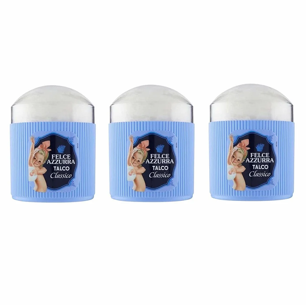Paglieri Felce Azzurra Talco Classico con Piumino - Polvos corporales clásicos con esponjas, 250 g, 3 unidades