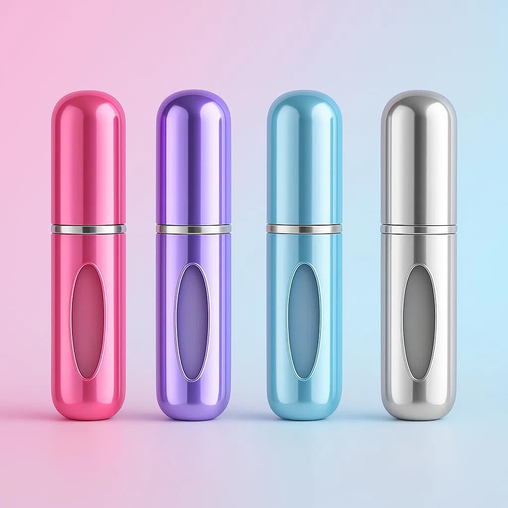 Kyrotech Mini botella de perfume recargable portátil, atomizador recargable, estuche de bomba de repuesto para viajes y salidas (negro, plateado, azul marino, lila)