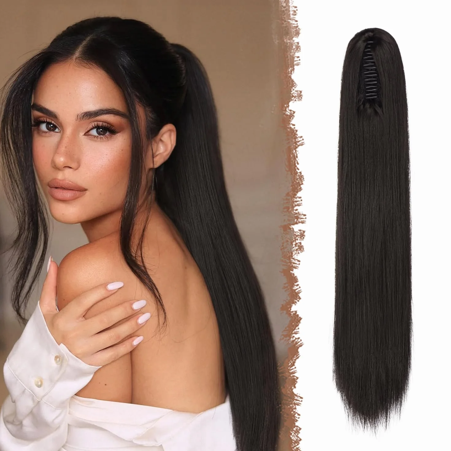 FESHFEN Coletas Postizas con Pinza - Coleta Postiza Pelo Natural Lisa Larga Ponytail Clip de Extensiones de Cabello Negro Marrón Sintético Cola Postizos para Mujeres, 63 cm