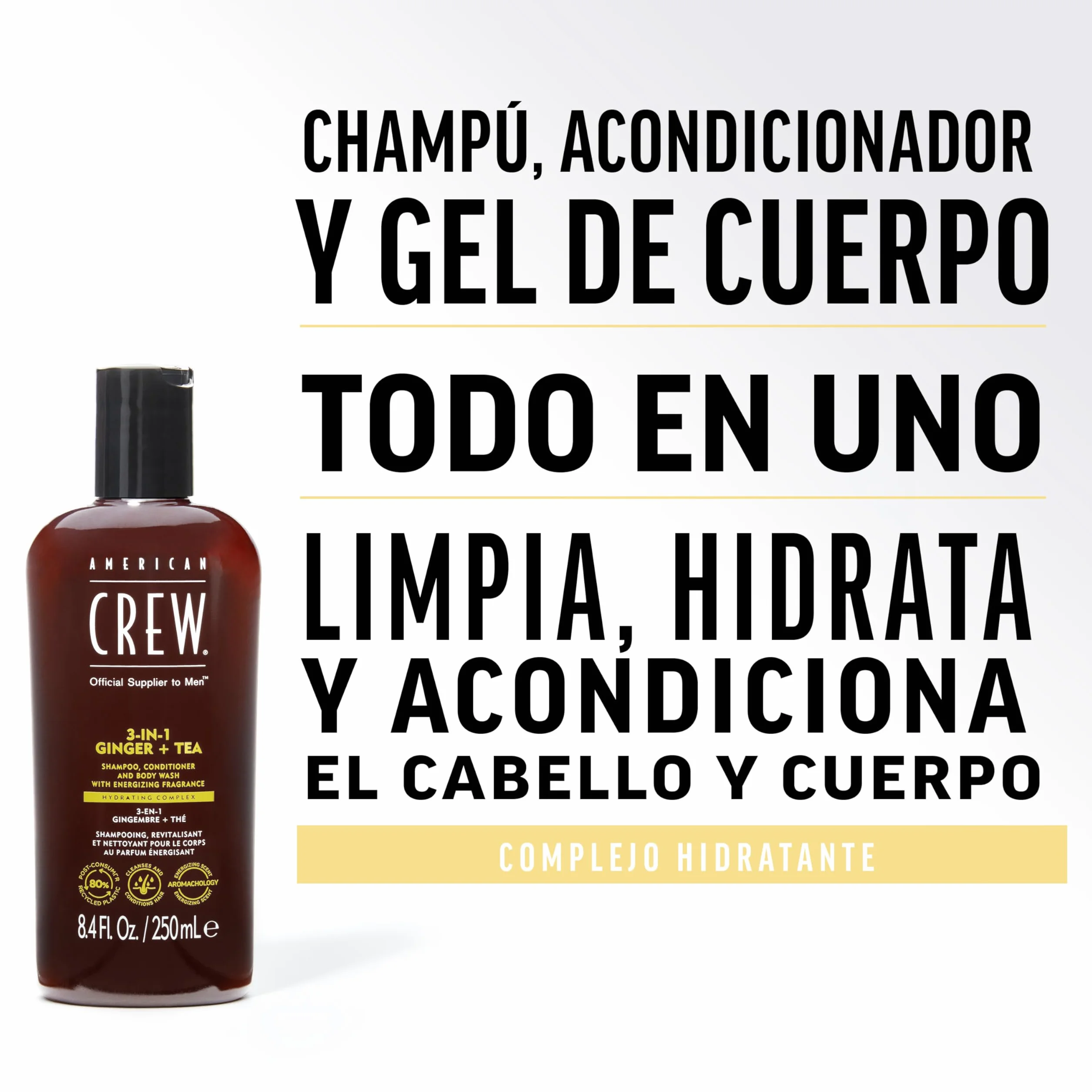 American Crew 3 en 1 Ginger + Tea, Champú Acondicionador y Gel de Ducha, Limpia e Hidrata el Cabello y el Cuerpo, Mantiene y Repone la Barrera de Hidratación, Aroma Revitalizante y Energizante