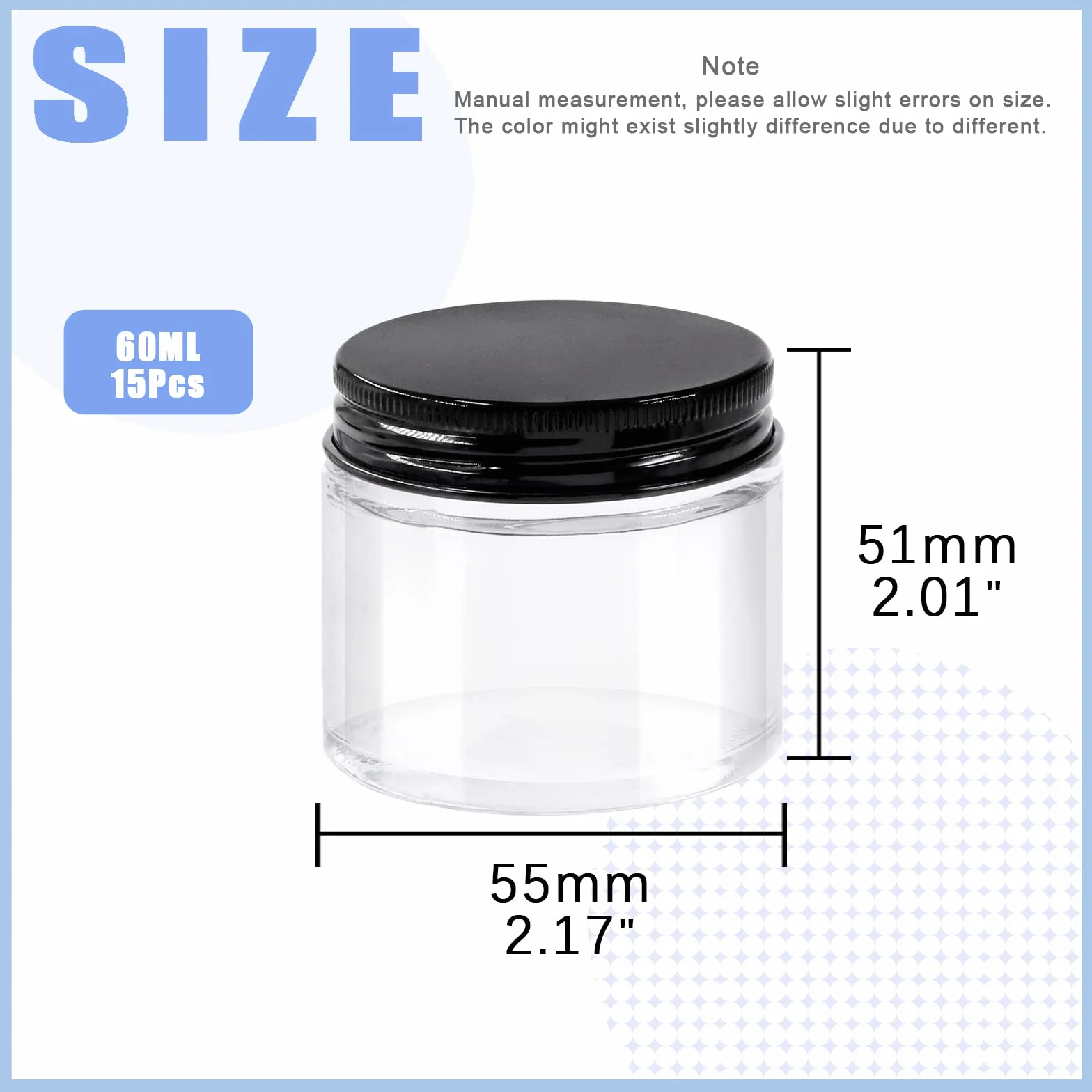 Glarks 15 paquete 2 oz / 60 ml frascos de vidrio con tapas, frascos redondos de vidrio transparente con forro interior y tapas negras para almacenar cremas, productos de belleza