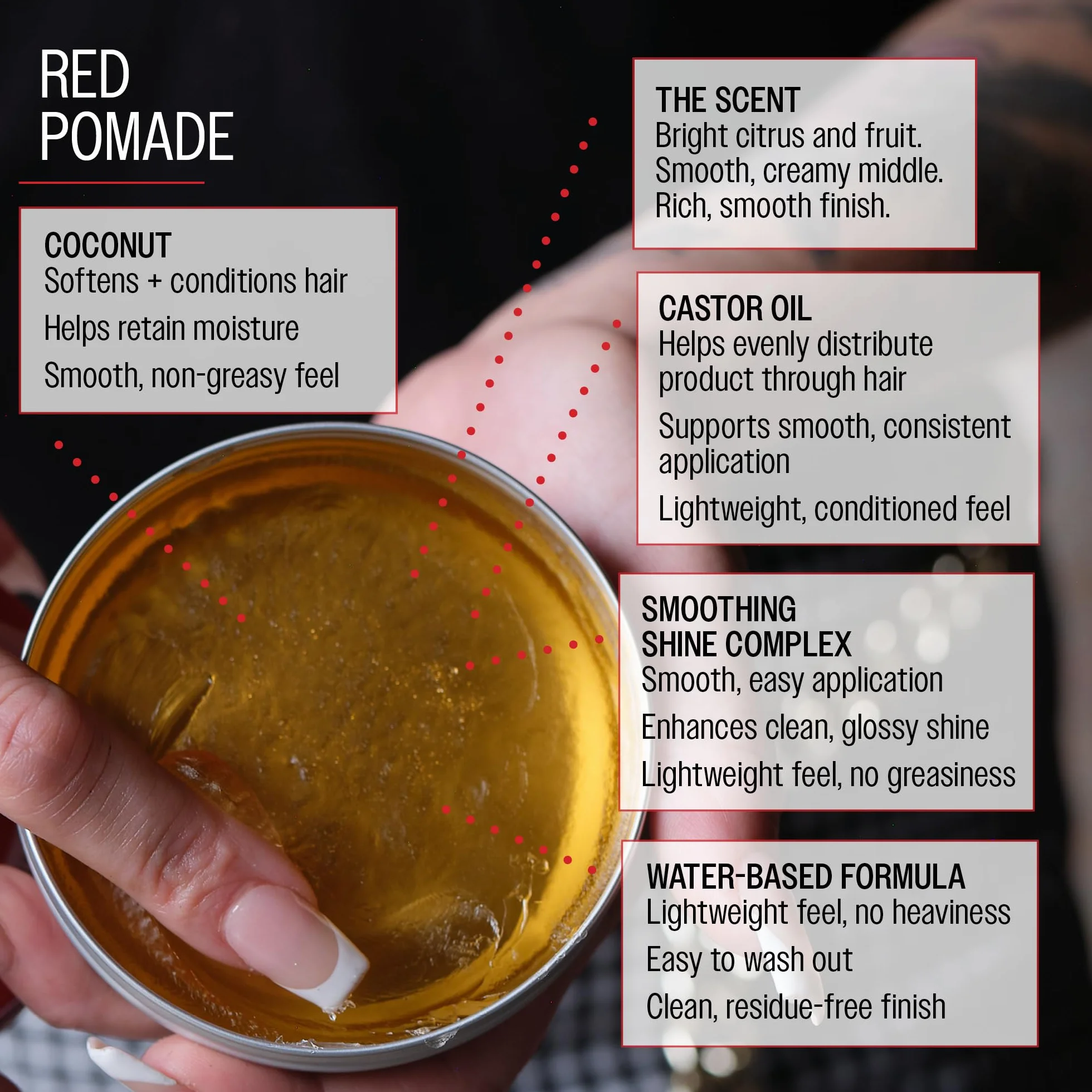 Reuzel Pomada roja de fijación media y brillo intenso para hombres, pomada soluble en agua para un aspecto flexible y brillante, 3,38 oz/95g