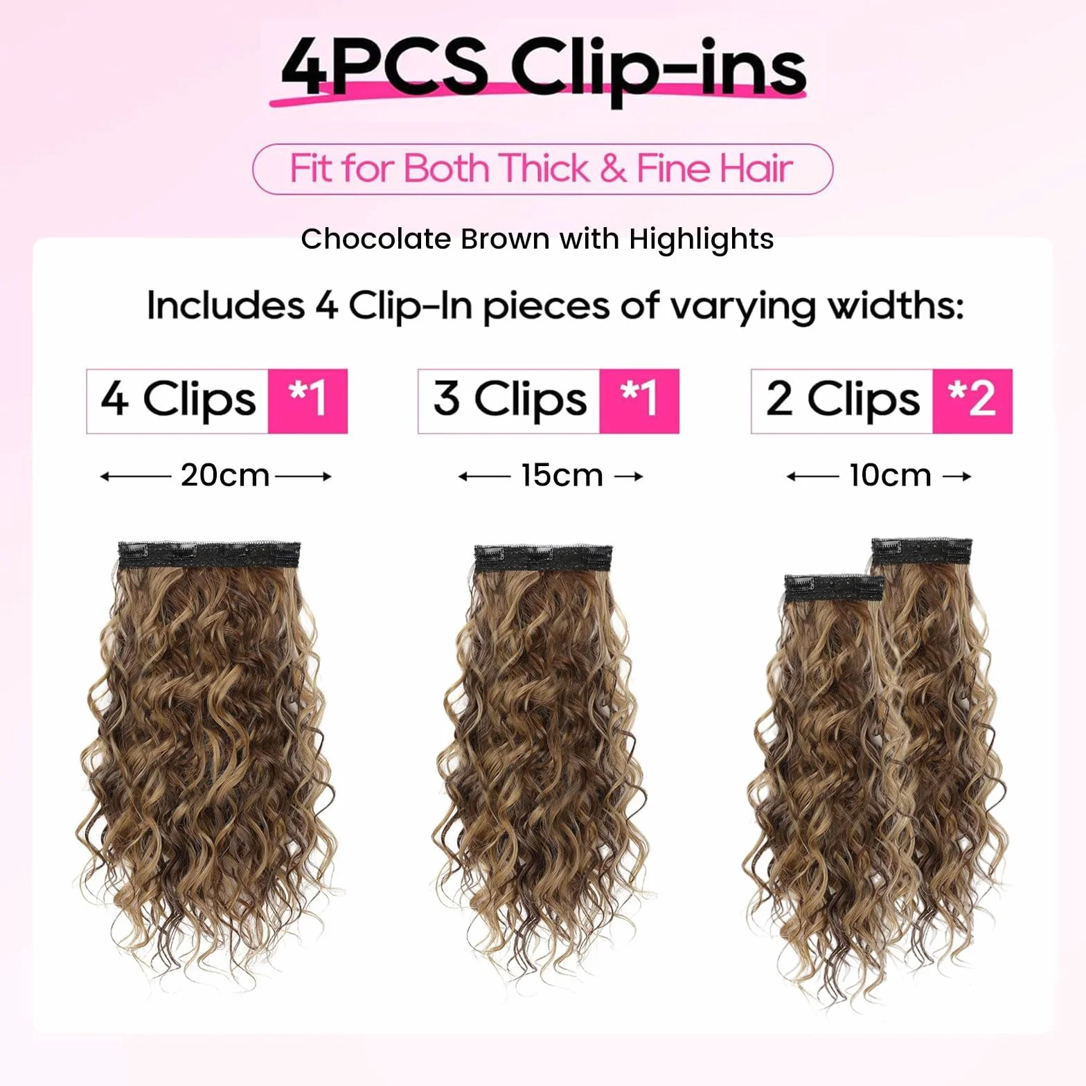 LunarCharm extensiones de cabello rizado de 4 piezas, 40 cm extensiones de cabello con clip, cortas invisibles naturales para mujeres, marrón chocolate con reflejos