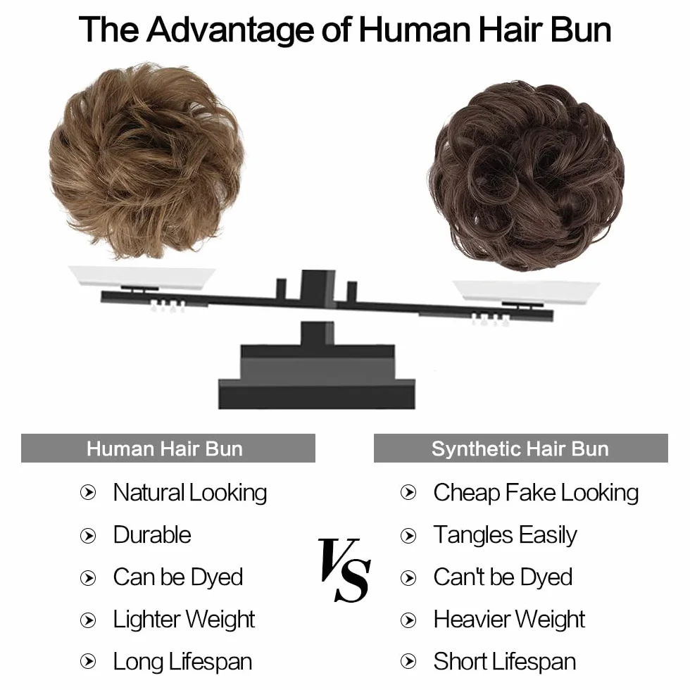 FESHFEN Moños Postizos Pelo Natural - 100% Cabello Humano Ondulado Moño Postizo Despeinado Coletero Extensiones para Mujer, Marrón ceniza