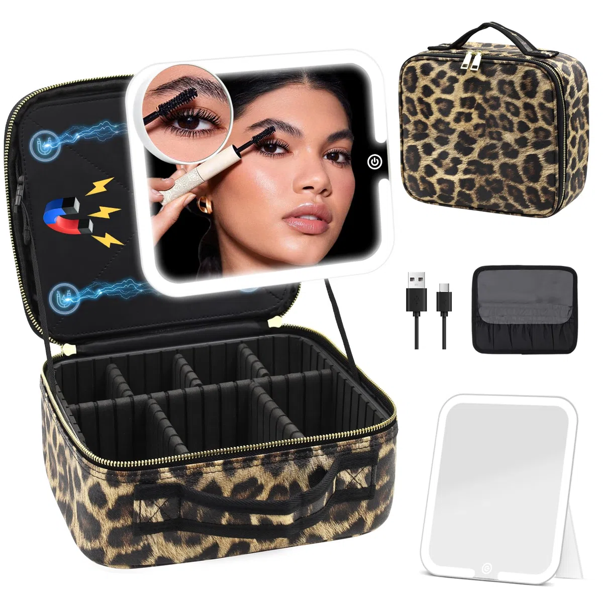 Bolsa de Maquillaje con Espejo Iluminado Desmontable Magnético Ángulo de 360°, Bolsa de Maquillaje de Viaje con Luces, Bolsa de Cosméticos Portátil Organizador Estuche de Tren de Viaje