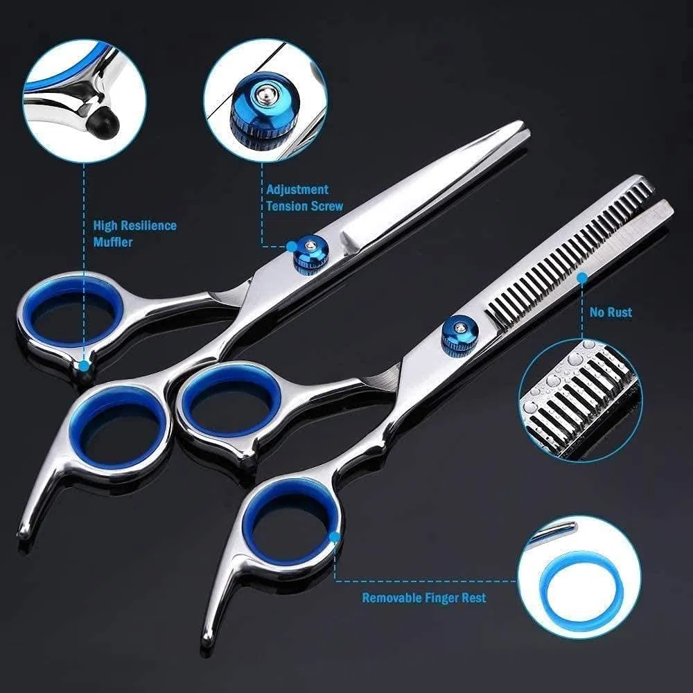 Tijeras de barbero, Set Profesional de peluquería con cortaúñas - Peine cortaúñas de Acero Inoxidable y Bolsa de Cuero para Mujeres, Hombres y niños.