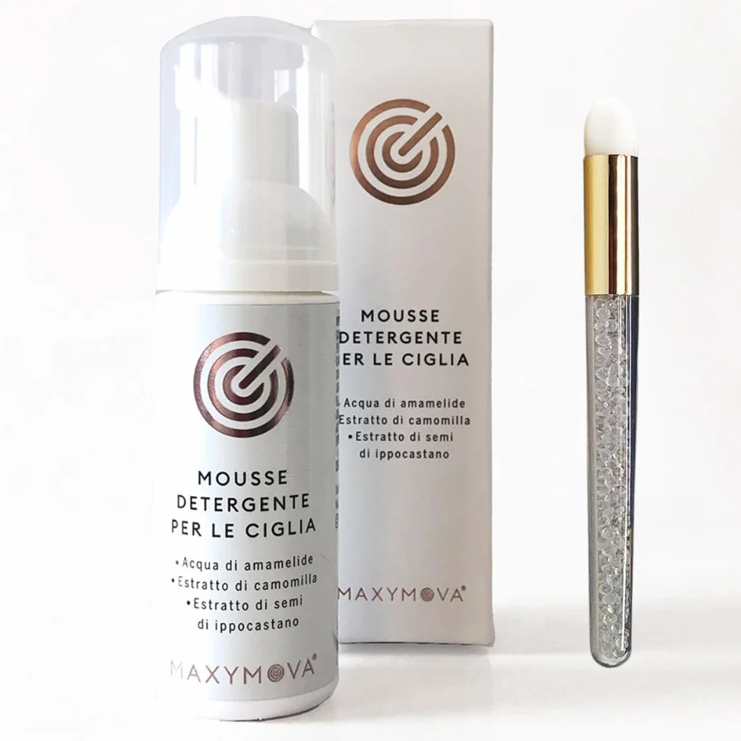 MAXYMOVA Mousse Limpiadora Desmaquillante para Pestañas y Rostro, 170 ml con Cepillo de Regalo – Espuma Suave para Extensiones de Pestañas, Elimina Maquillaje e Impurezas – Made in Italy