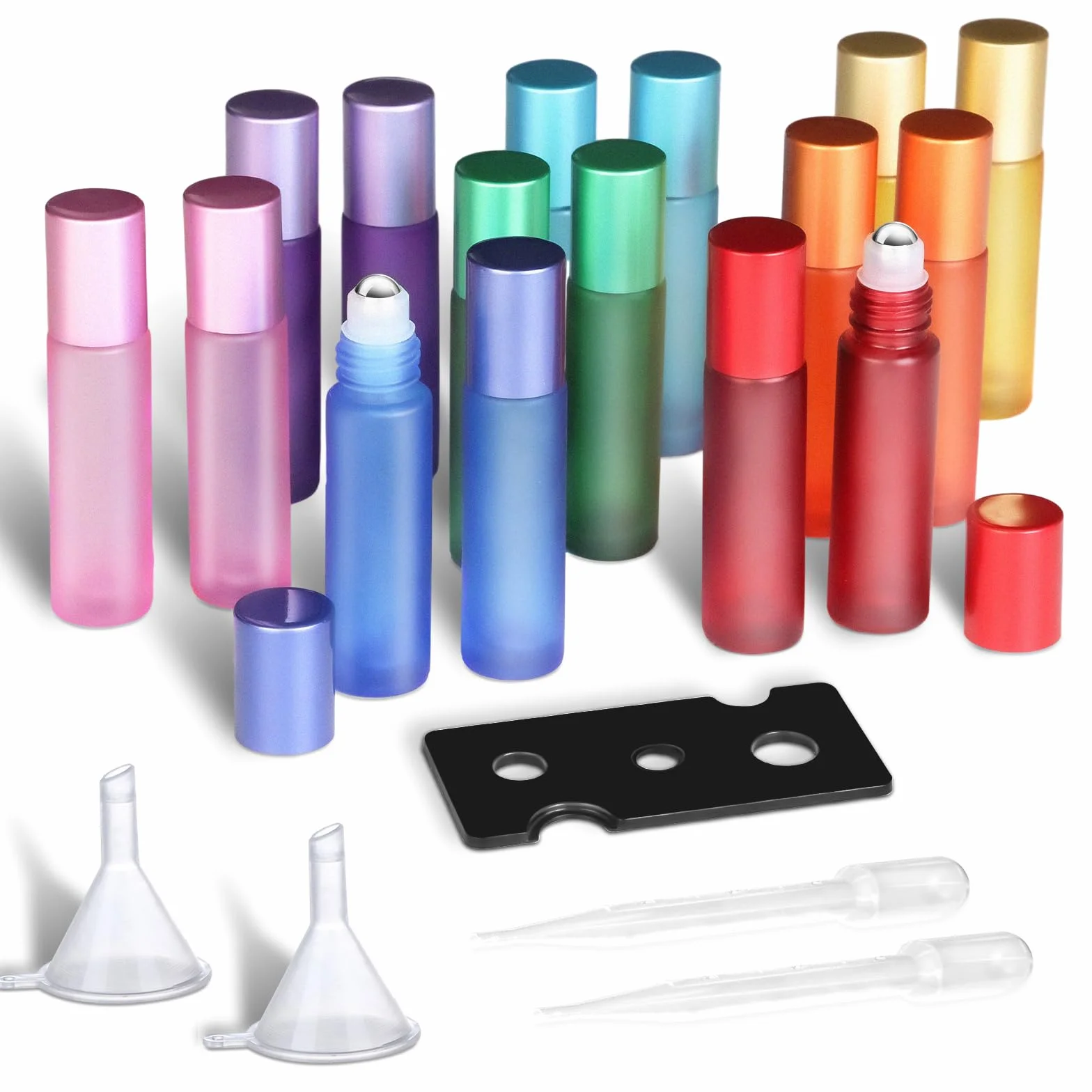 POFIBO 16 Piezas Roll On Bottle Botellas Aceites Esenciales con Bolas de Acero Inoxidable,Botellas de Aceite Esencial de 10 ml,Roll on Rellenable para Aceites Esenciales, Aromaterapia, Perfumes