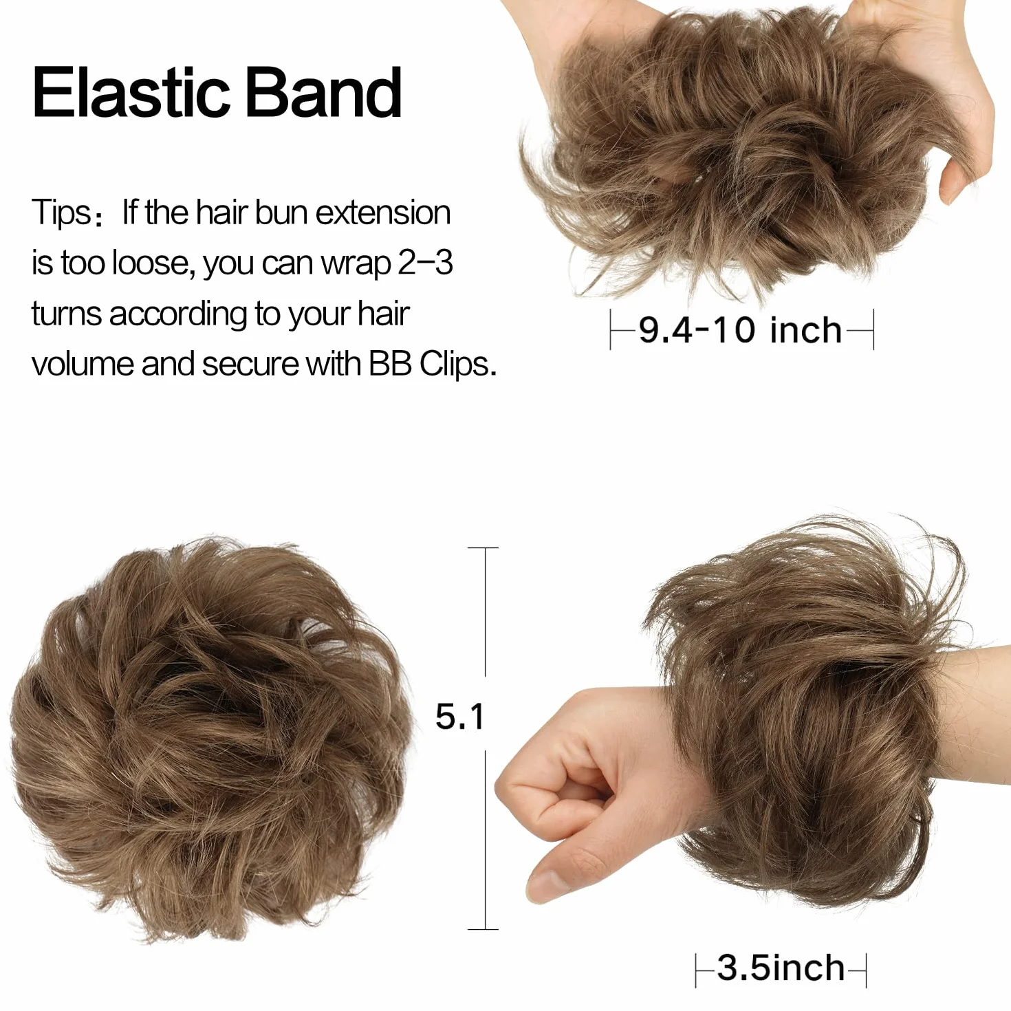 FESHFEN Moños Postizos Pelo Natural - 100% Cabello Humano Ondulado Moño Postizo Despeinado Coletero Extensiones para Mujer, Marrón ceniza