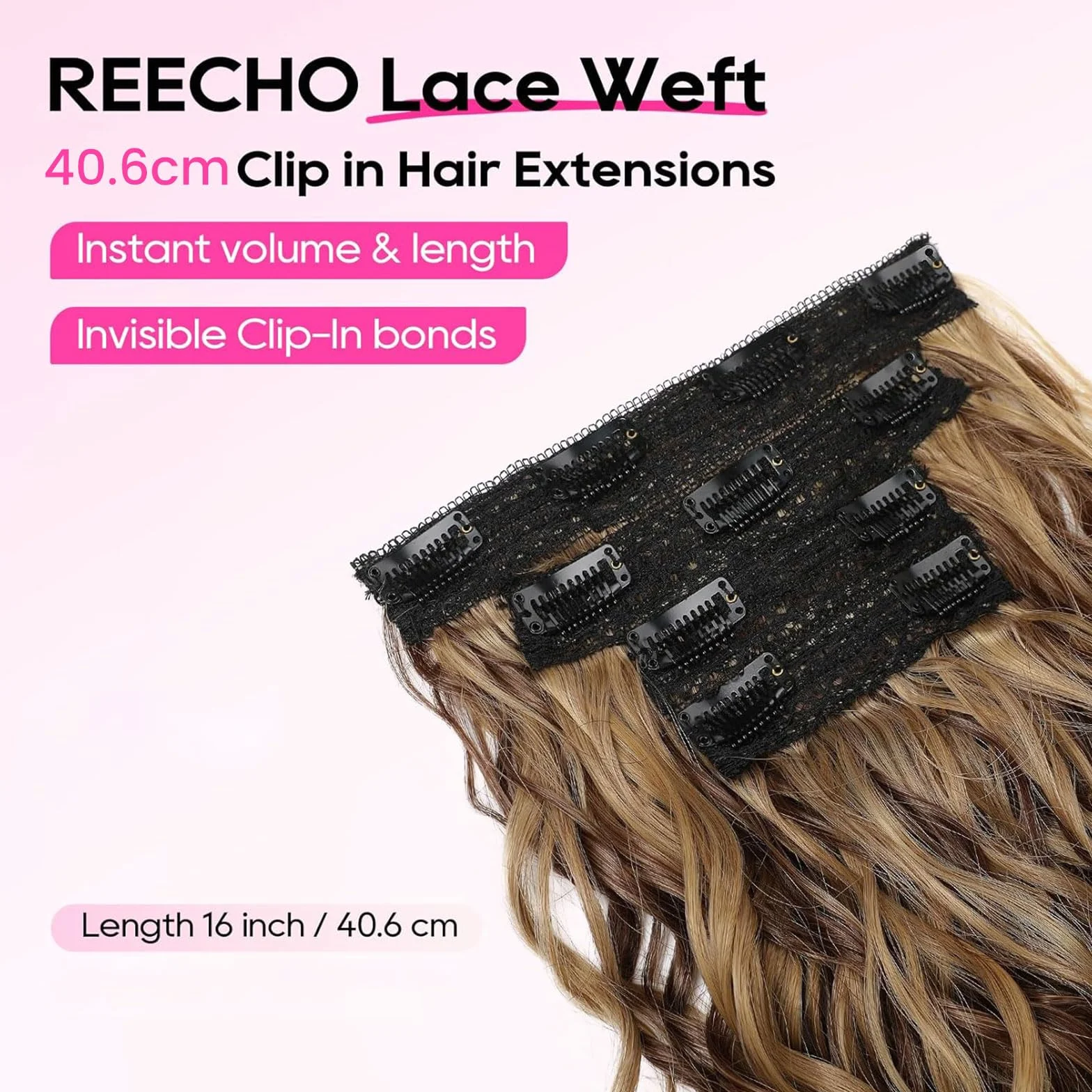 LunarCharm extensiones de cabello rizado de 4 piezas, 40 cm extensiones de cabello con clip, cortas invisibles naturales para mujeres, marrón chocolate con reflejos