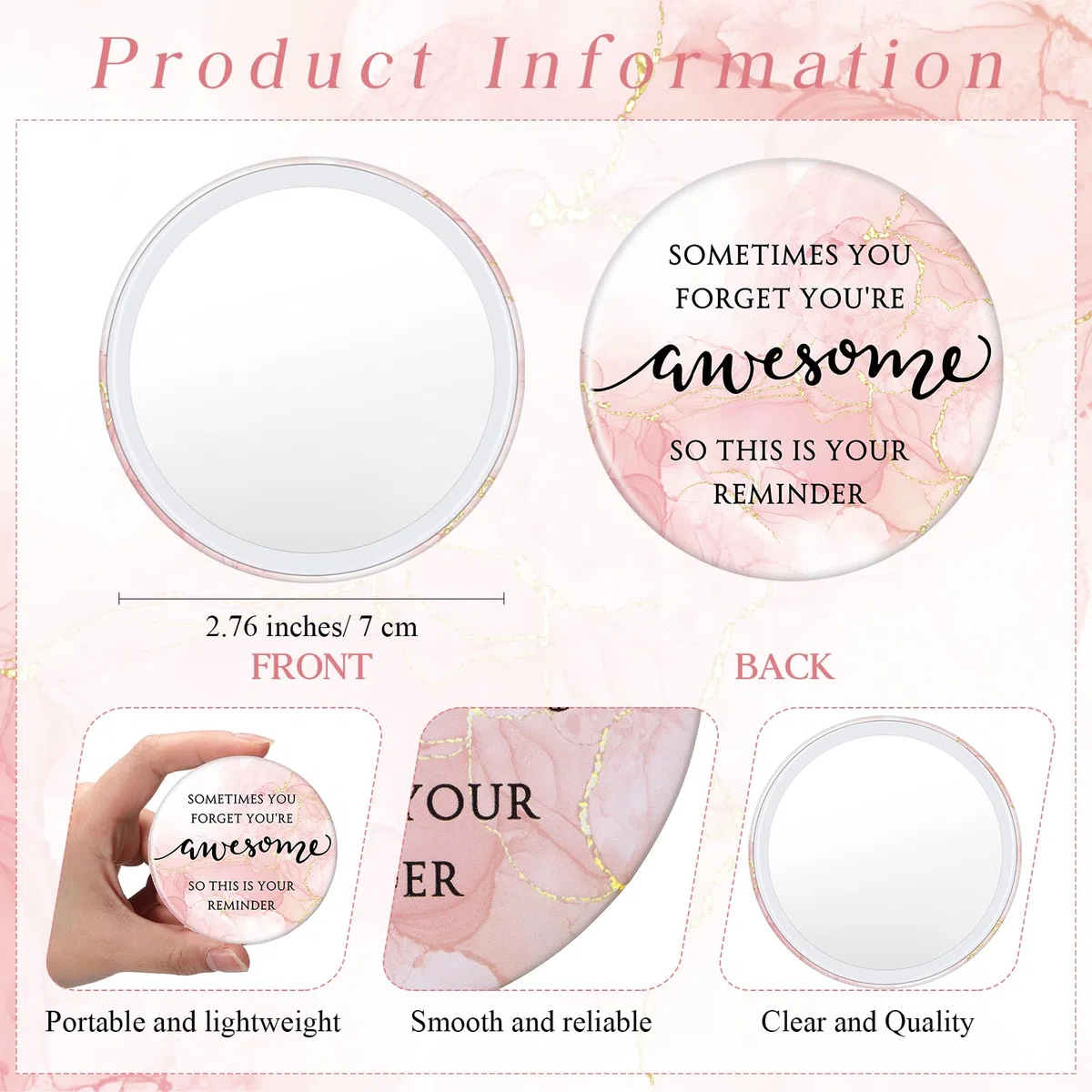 Cinnvoice Juego de 50 espejos compactos inspiradores para mujeres, a granel, con texto en inglés "Sometimes You Forget You're Awesome Makeup", espejo de bolsillo para bolso, tarjetas motivacionales