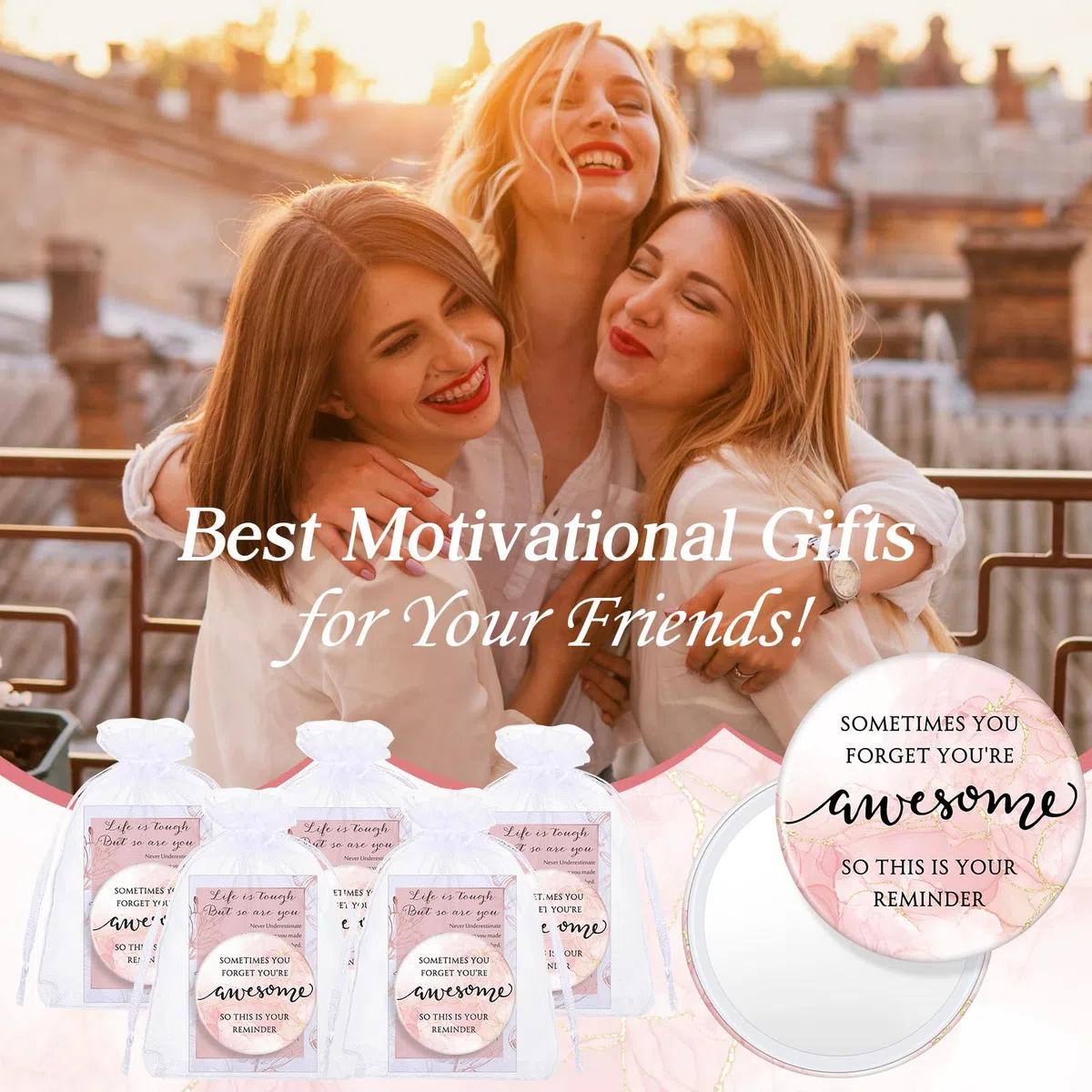 Cinnvoice Juego de 50 espejos compactos inspiradores para mujeres, a granel, con texto en inglés "Sometimes You Forget You're Awesome Makeup", espejo de bolsillo para bolso, tarjetas motivacionales