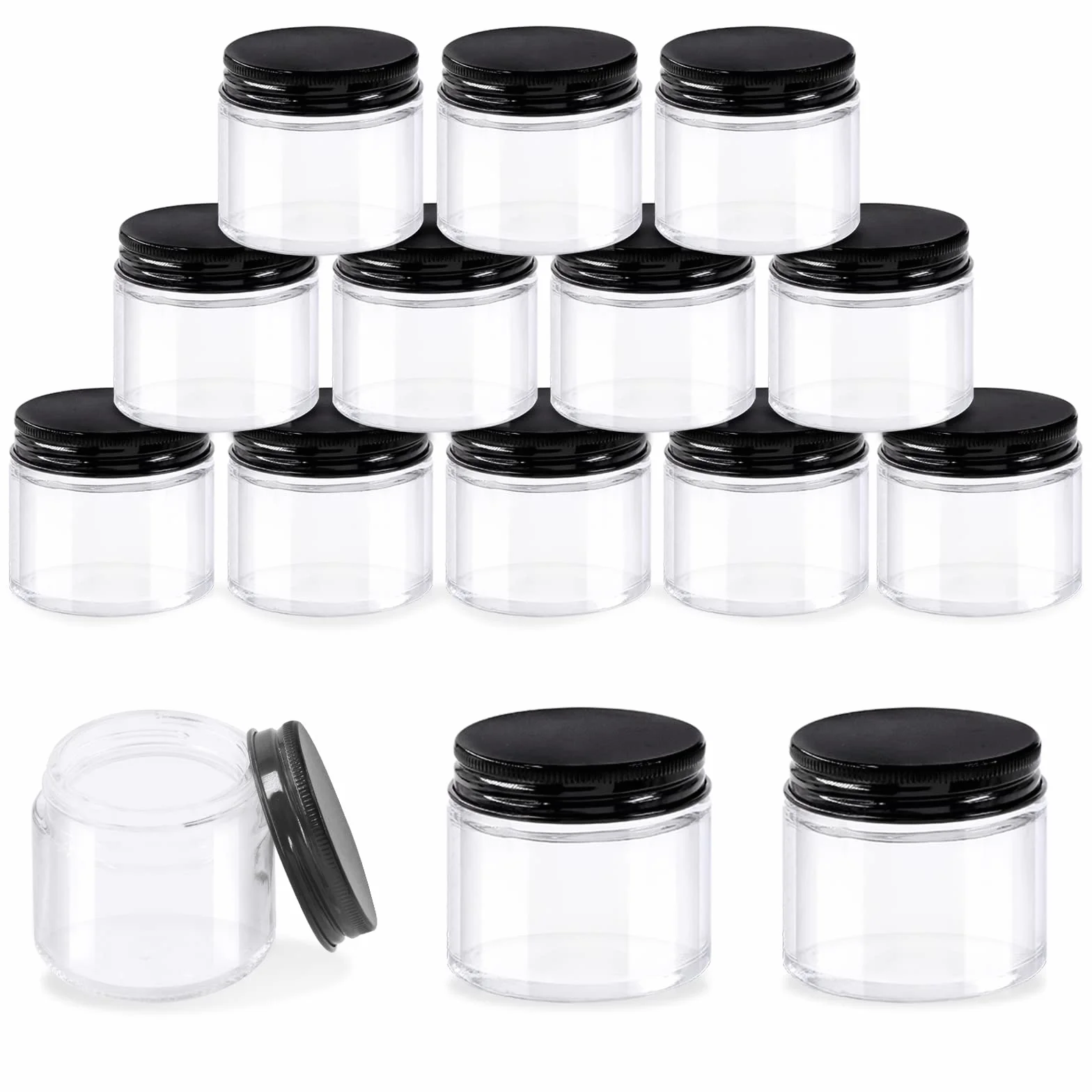 Glarks 15 paquete 2 oz / 60 ml frascos de vidrio con tapas, frascos redondos de vidrio transparente con forro interior y tapas negras para almacenar cremas, productos de belleza