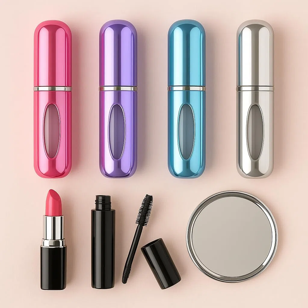 Kyrotech Mini botella de perfume recargable portátil, atomizador recargable, estuche de bomba de repuesto para viajes y salidas (negro, plateado, azul marino, lila)