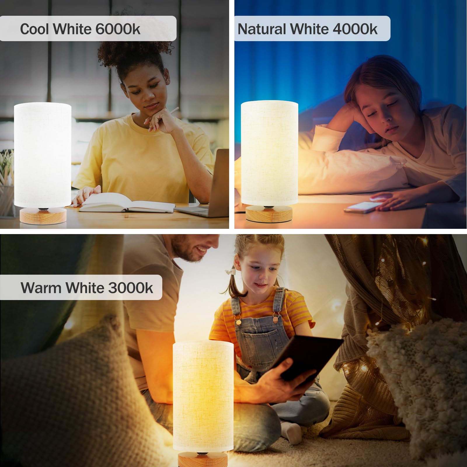 Minimalist Dimmable Bedside Lamp with Linen Shade, Adjustable Color