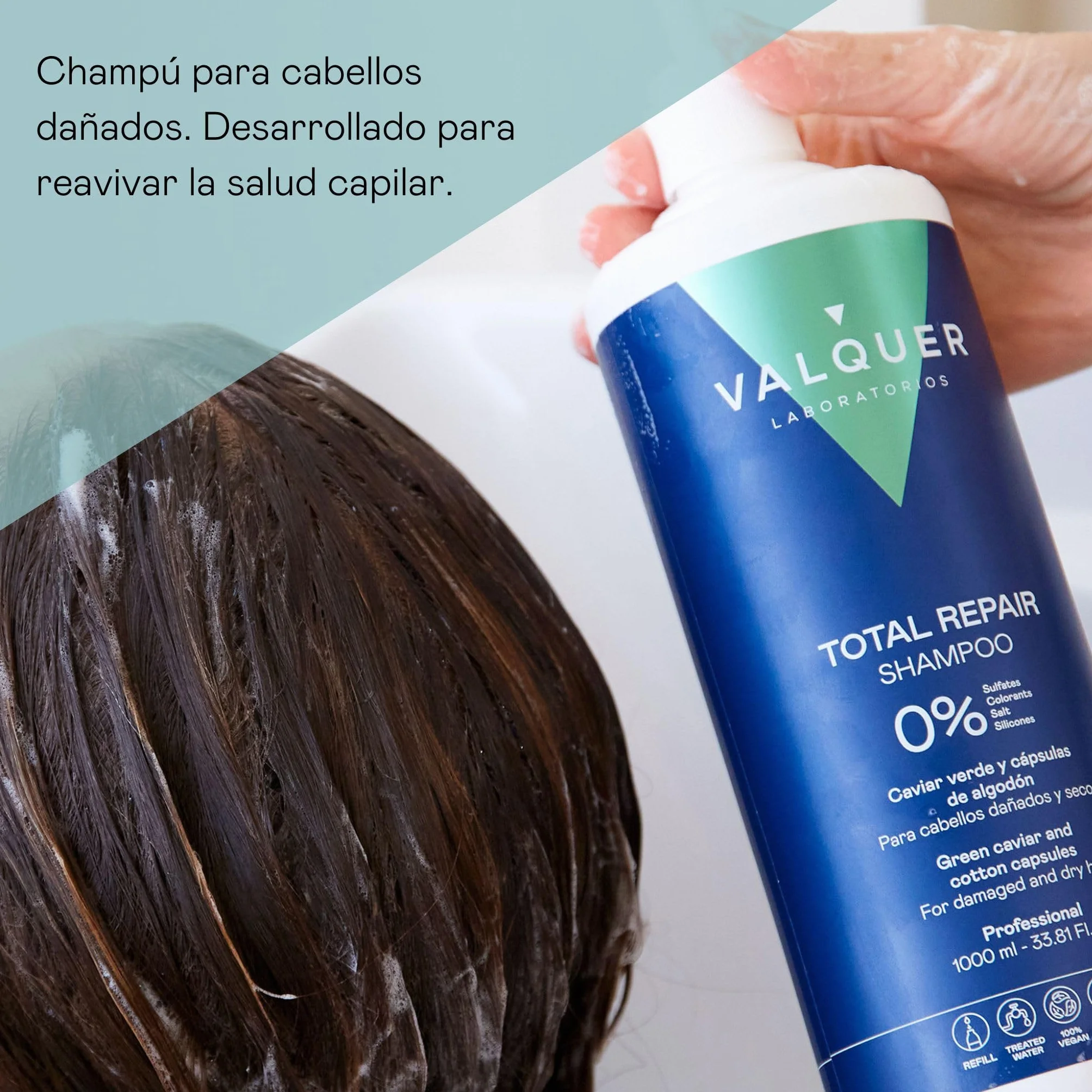 Valquer Champú Total Repair Zero. Repara, Suaviza e Hidrata el Cabello Dañado y Seco. Hidratación Intensa y Nutritiva. Con Caviar Verde, Panthenol, Vitamina E y Cápsulas de Algodón. Vegano. 1 L.