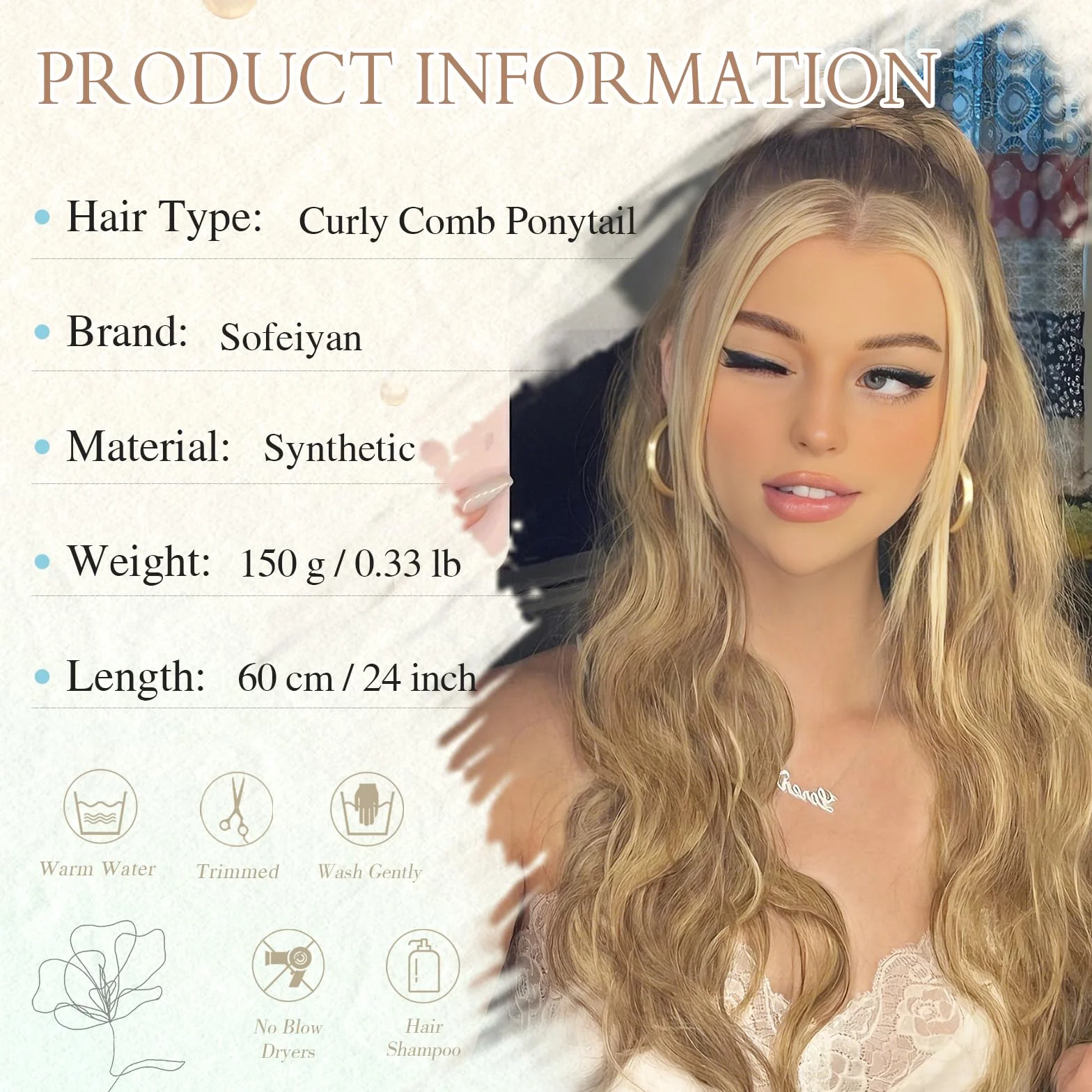Sofeiyan Cola de Caballo Extensiones con Cordón, 60 cm Ondulado Extensiones Pelo Natural Coleta Postiza Sinteticas Peines Clip in Postizos de Pelo para Mujer, Rubio Ceniza Mixto