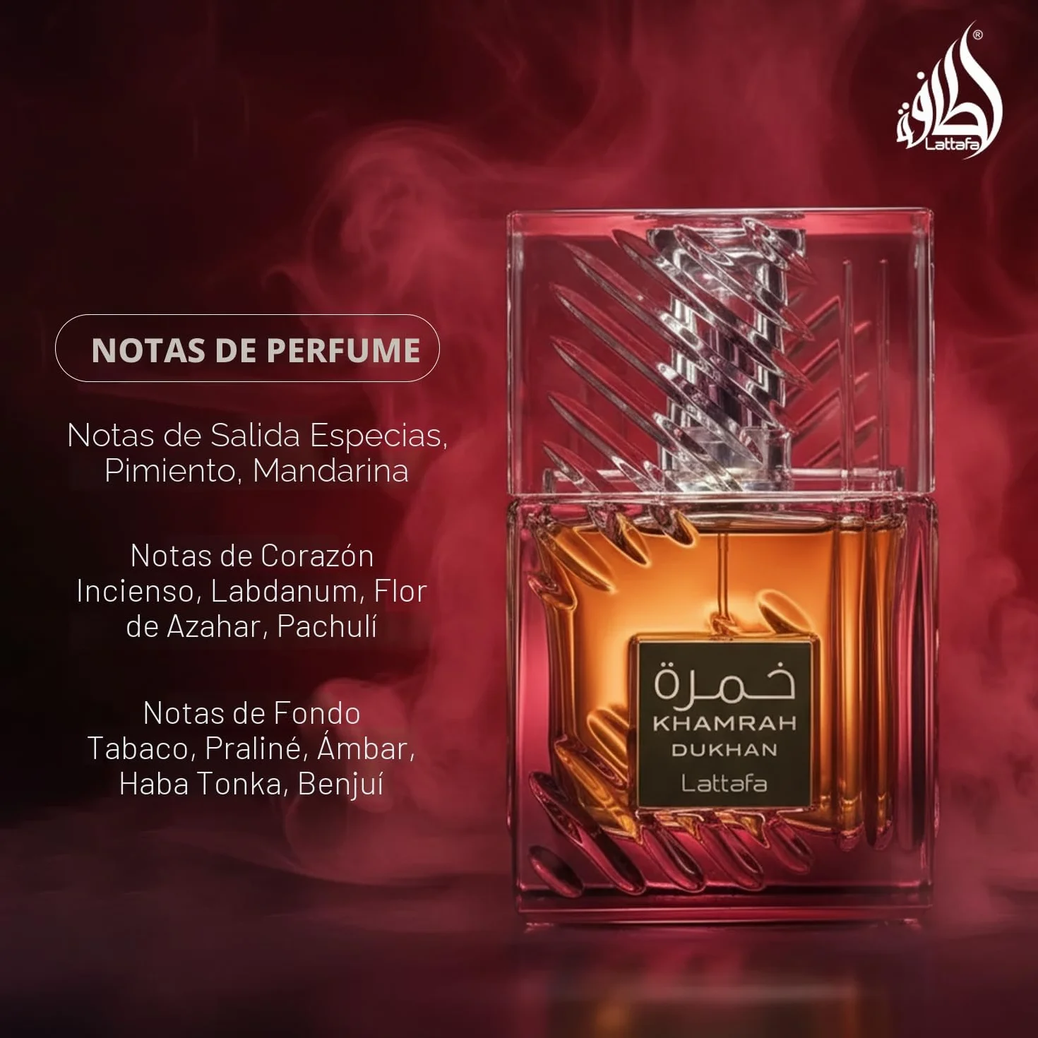 Perfume Khamrah Dukhan EDP de Lattafa 100 ml, perfume unisex - Pimento picante ahumado