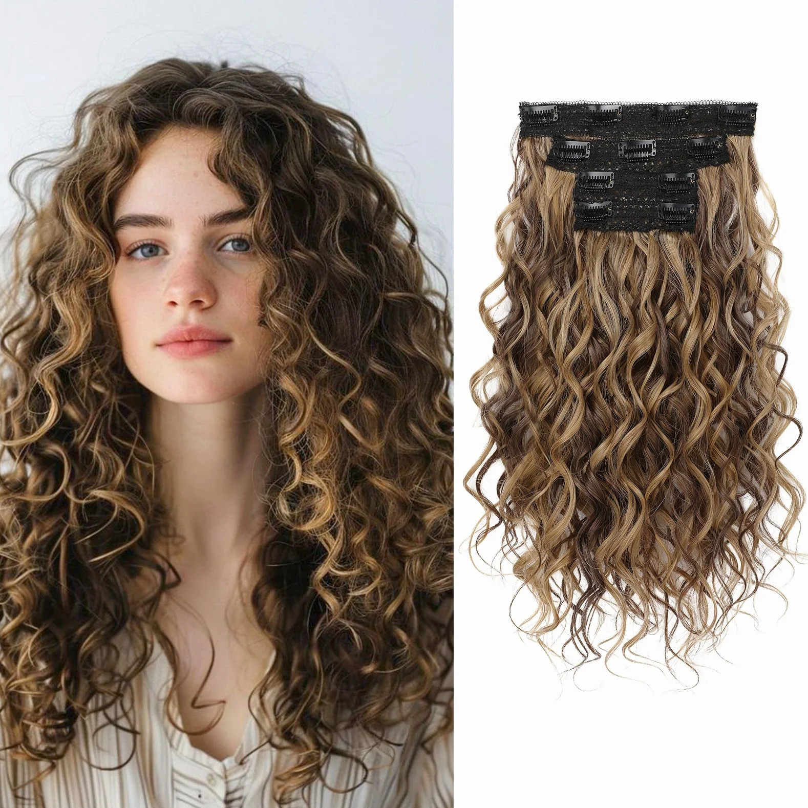 LunarCharm extensiones de cabello rizado de 4 piezas, 40 cm extensiones de cabello con clip, cortas invisibles naturales para mujeres, marrón chocolate con reflejos