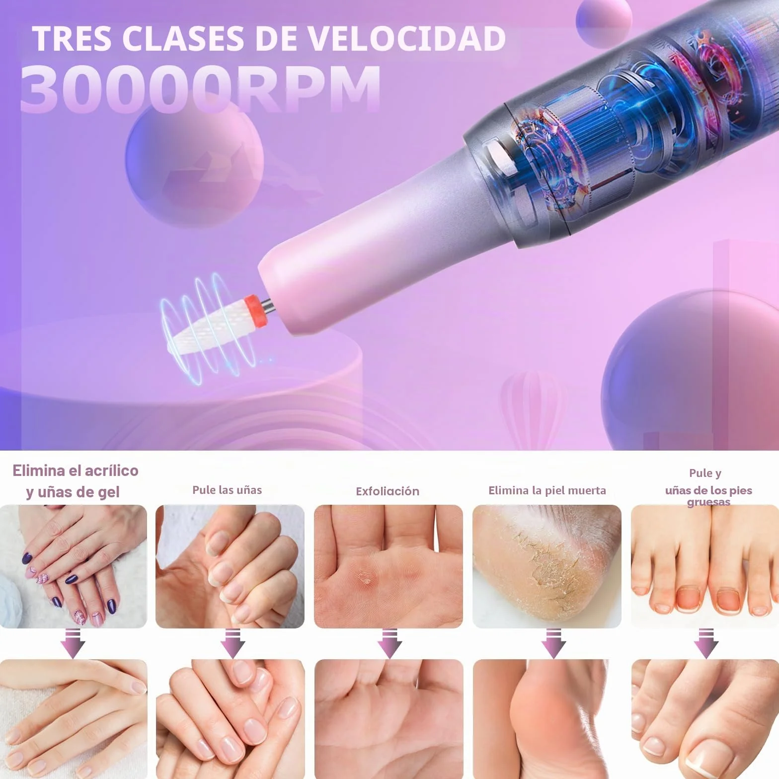 Torno para Uñas Profesional Lijadora Eléctrica de Uñas sin Cable 30000RPM, Lima de Uñas Portátil con Pantalla LCD, 12 Puntas, Potente Kit de Lijado para Manicura y Pedicura (Gris y Rosa)