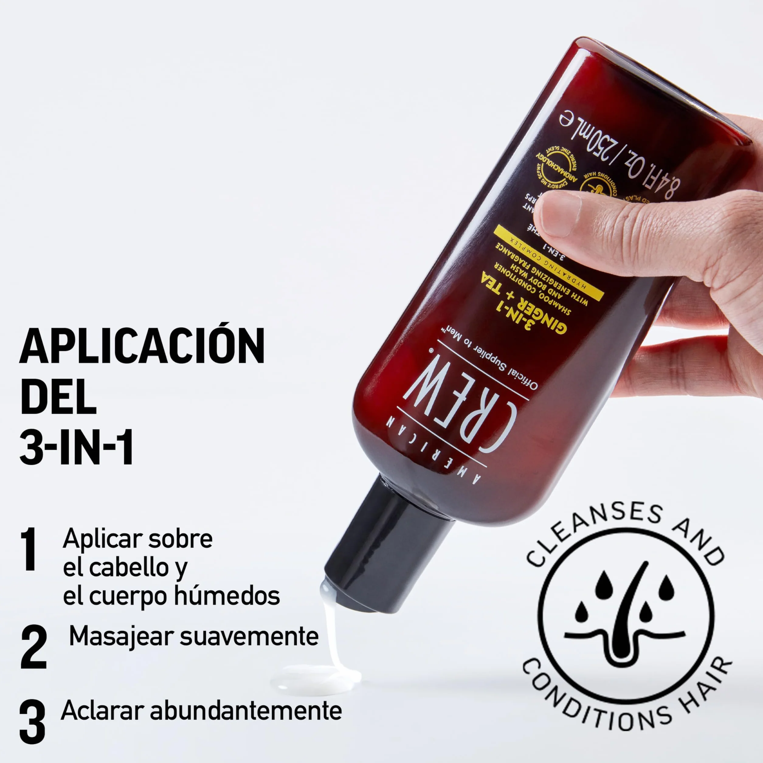 American Crew 3 en 1 Ginger + Tea, Champú Acondicionador y Gel de Ducha, Limpia e Hidrata el Cabello y el Cuerpo, Mantiene y Repone la Barrera de Hidratación, Aroma Revitalizante y Energizante
