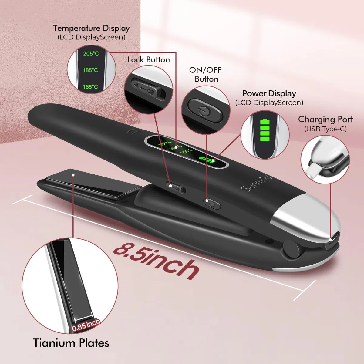 US-NEW Black Plancha para el pelo y Rizador Inalámbrico