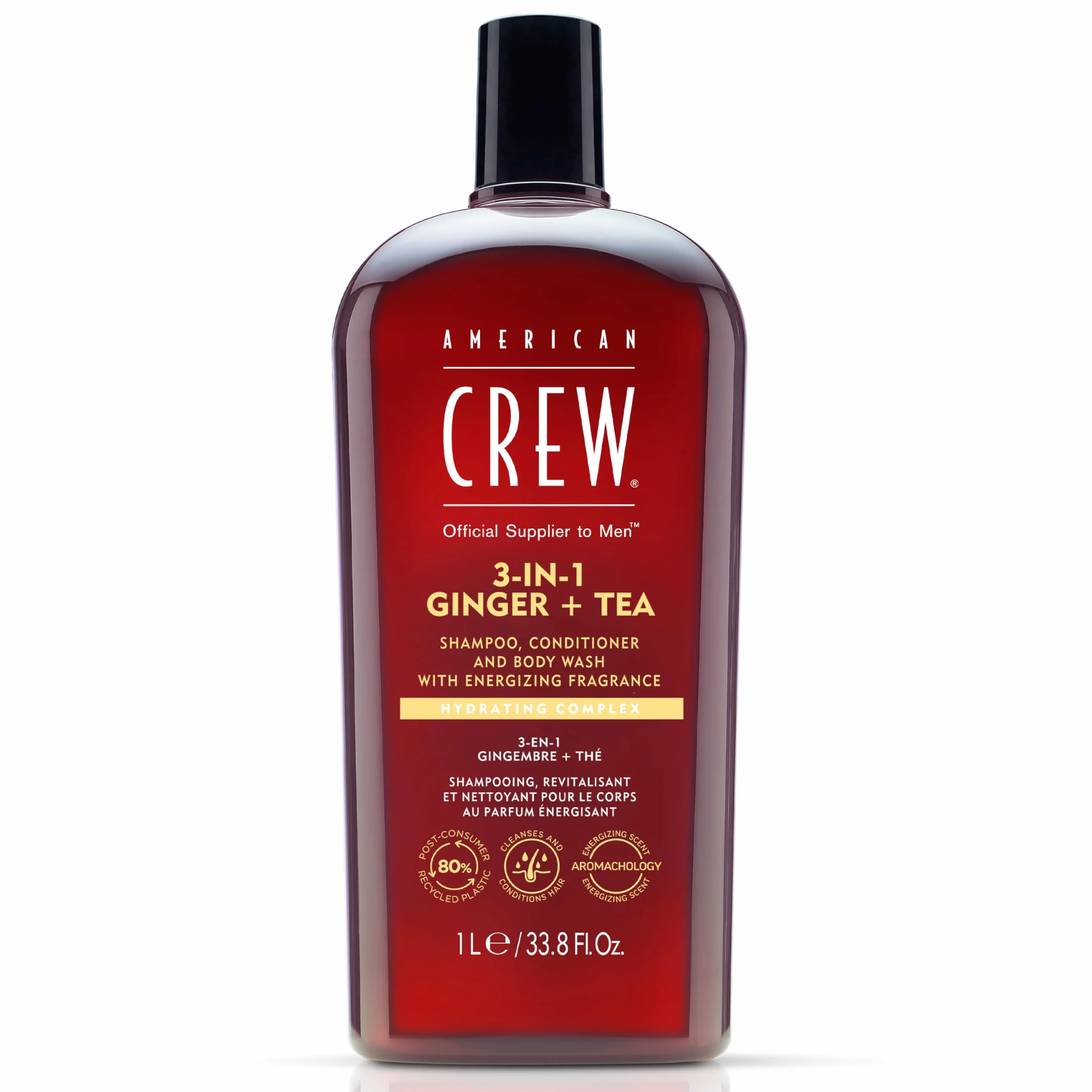 American Crew 3 en 1 Ginger + Tea, Champú Acondicionador y Gel de Ducha, Limpia e Hidrata el Cabello y el Cuerpo, Mantiene y Repone la Barrera de Hidratación, Aroma Revitalizante y Energizante