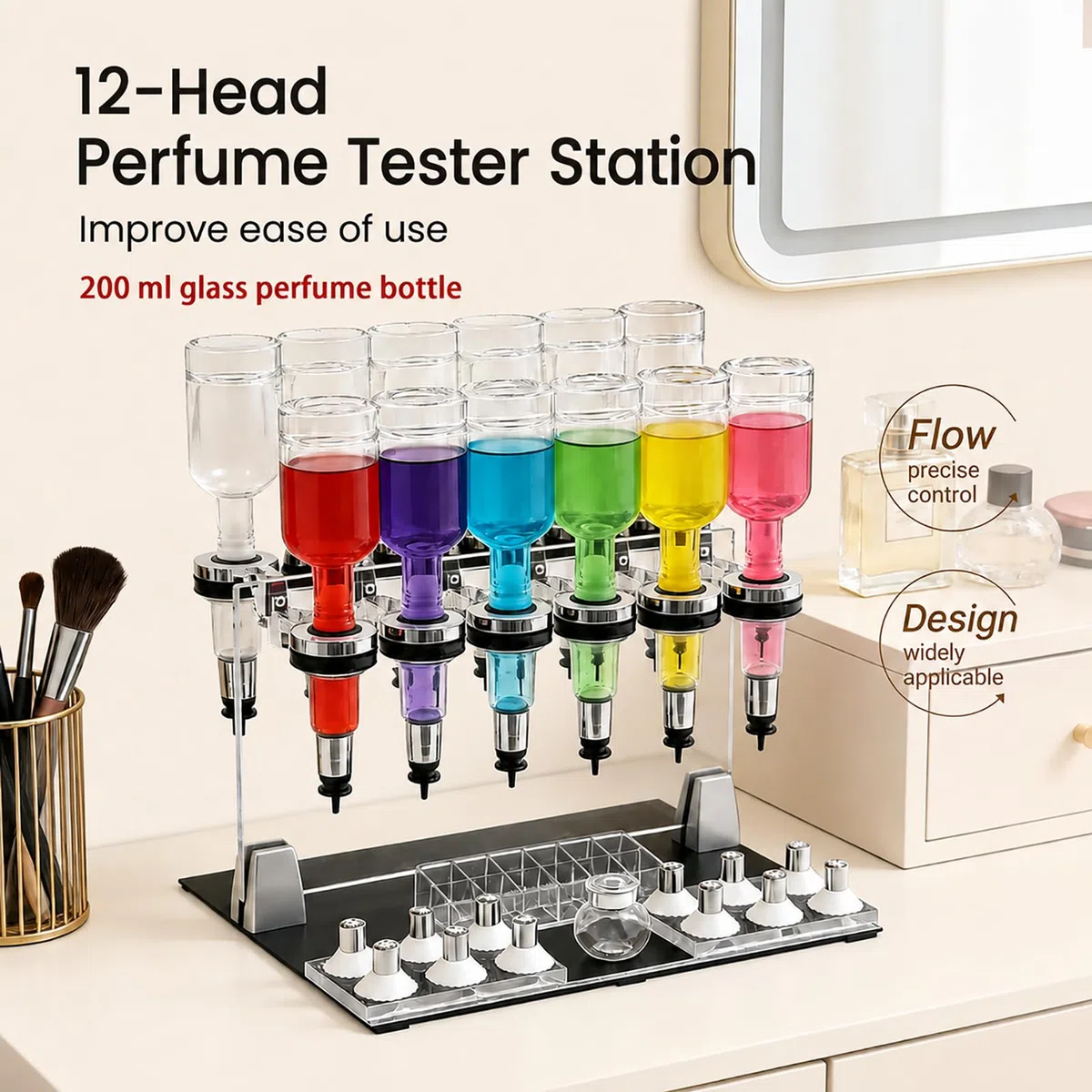 Profesional estación de Recarga Manual de Perfume con 6/8/12 Botellas de Vidrio de 200 ml, Bombas Ajustables y Tazas de Prueba, Soporte de Mesa y llenador para Tiendas, Bares y Estudios