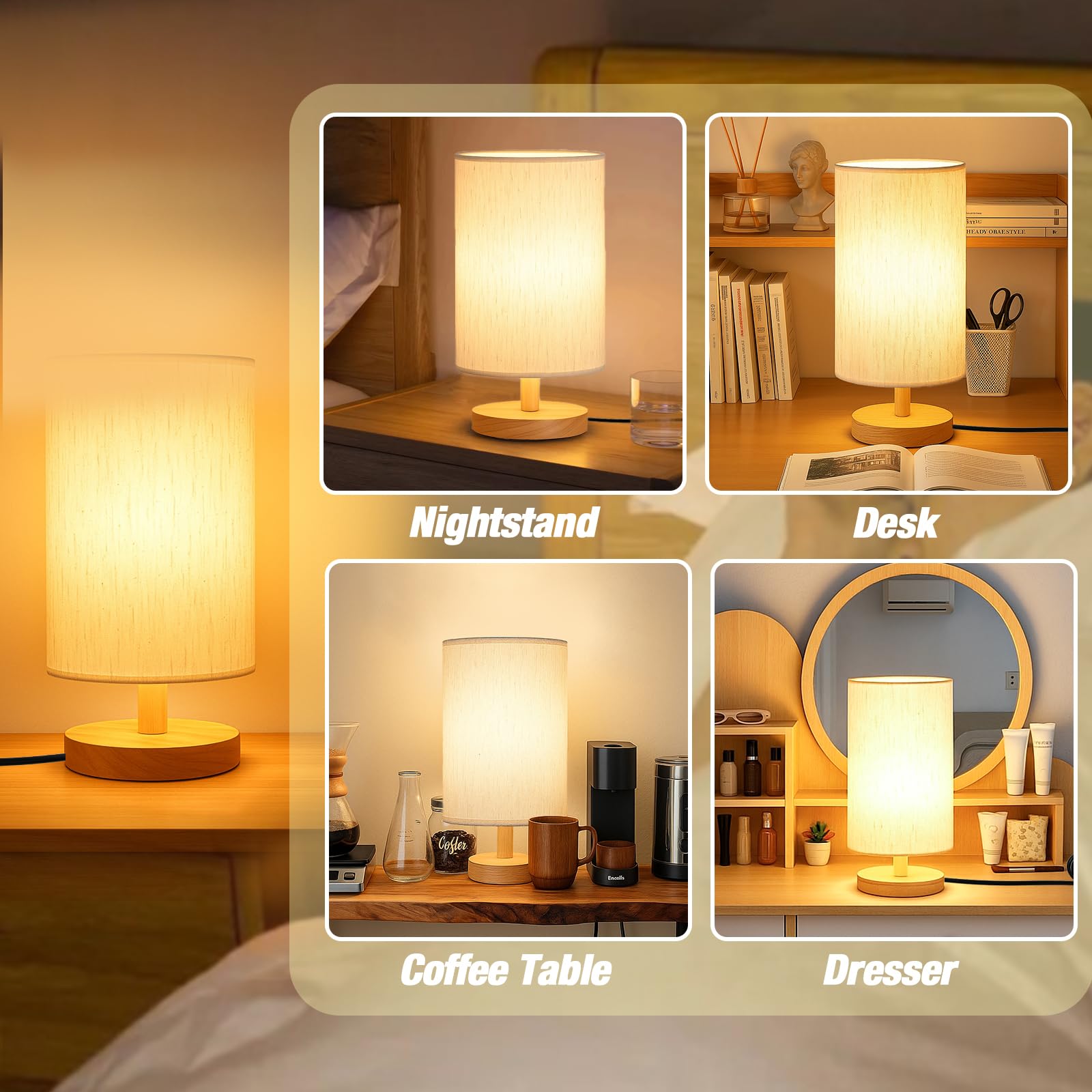 Classic Wood & Linen Bedside Table Lamp with LED