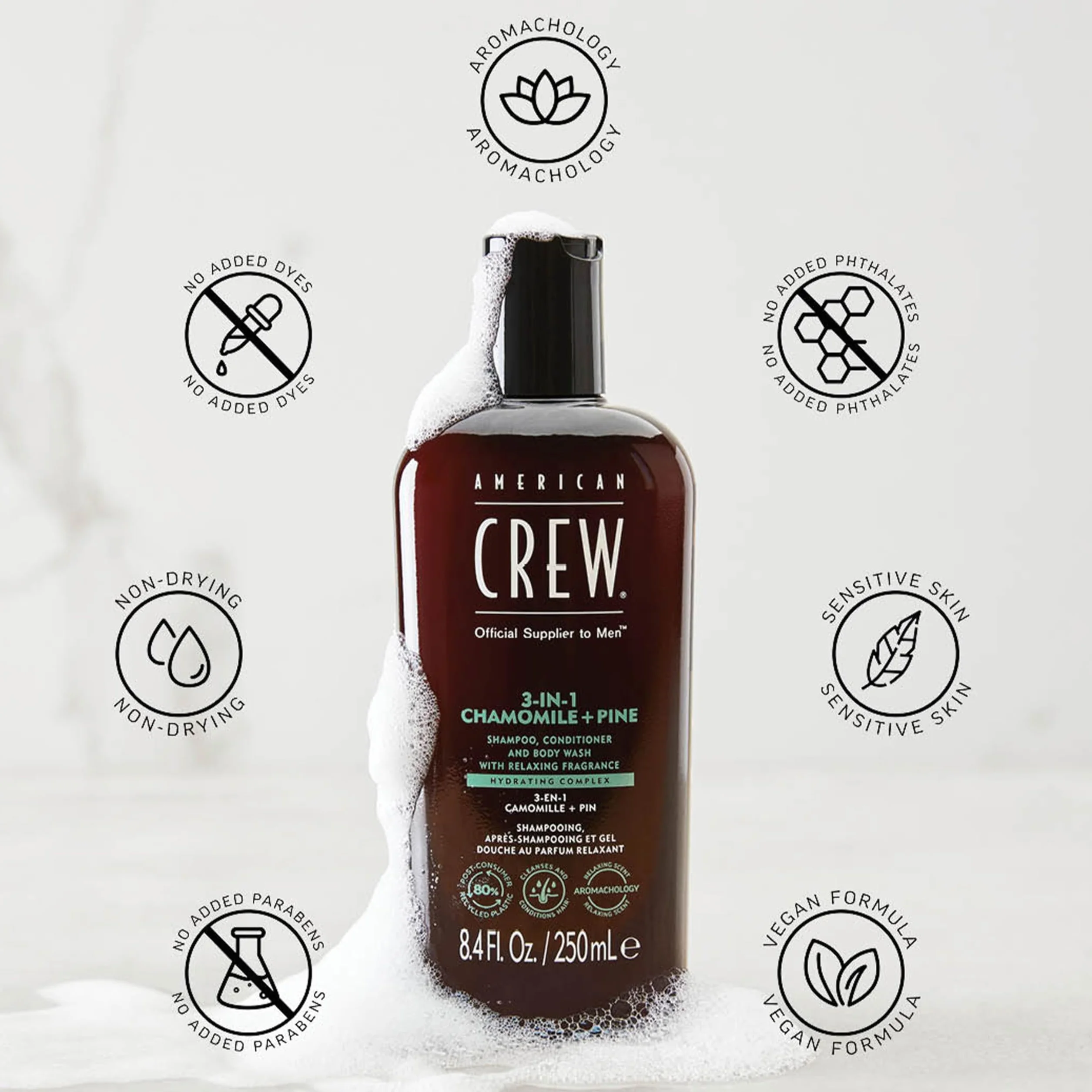 American Crew 3 en 1 Manzanilla y Pino, Champú Acondicionador y Gel de Ducha, Limpia e Hidrata el Cabello y Cuerpo, Mantiene y Repone la Barrera de Hidratación, Aroma Tranquilizante y Relajante