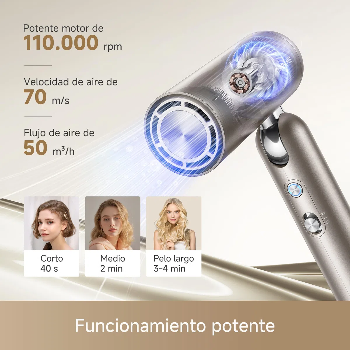 DREAME Pocket Pro Secador de Pelo de Alta Velocidad, 4 Boquillas, Plegable | Difusor, Antifrizz, Moldeador y Rizador, Motor de 110.000 RPM, 300 Millones de Iones Negativos/cm3, 570C, Secado 40s