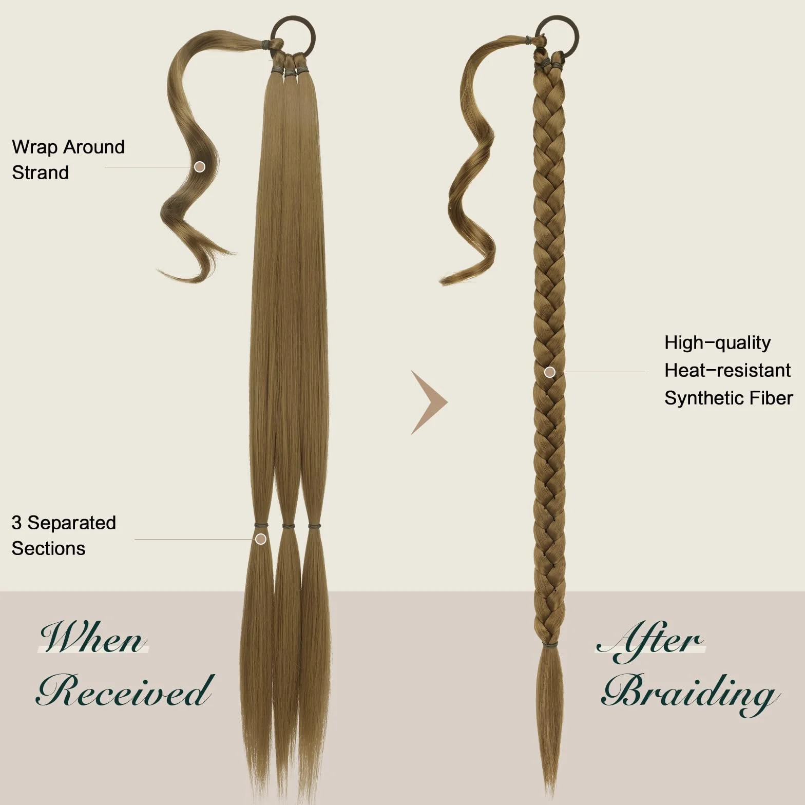 FESHFEN Extensiones de Pelo Coleta Trenzada, 85 cm Coleta Postiza de pelo Larga para Mujeres Envolvente Ponytail Extensiones de Cola de Caballo Castaño Claro Sintético para la Fiesta Diaria