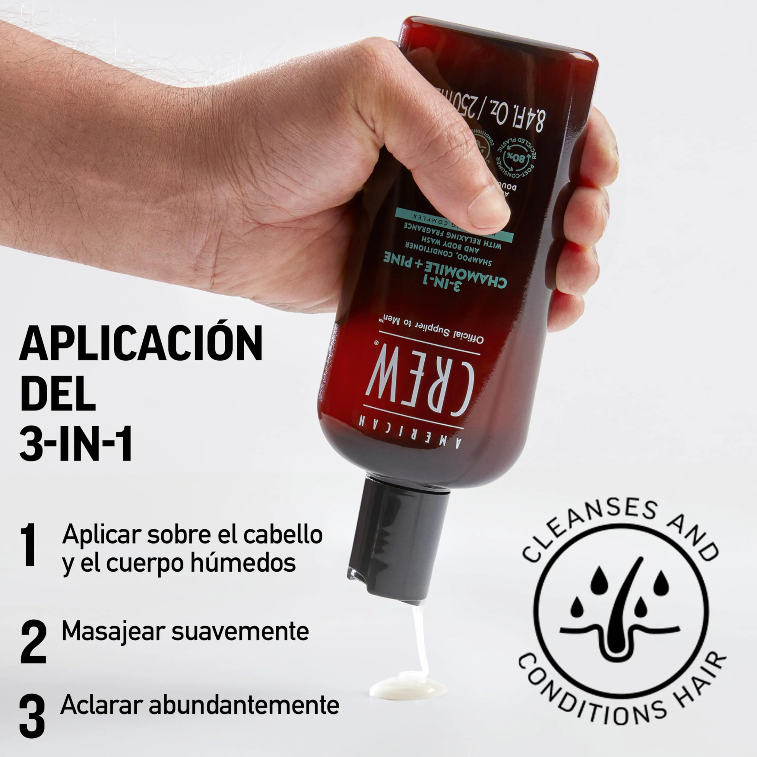 American Crew 3 en 1 Manzanilla y Pino, Champú Acondicionador y Gel de Ducha, Limpia e Hidrata el Cabello y Cuerpo, Mantiene y Repone la Barrera de Hidratación, Aroma Tranquilizante y Relajante