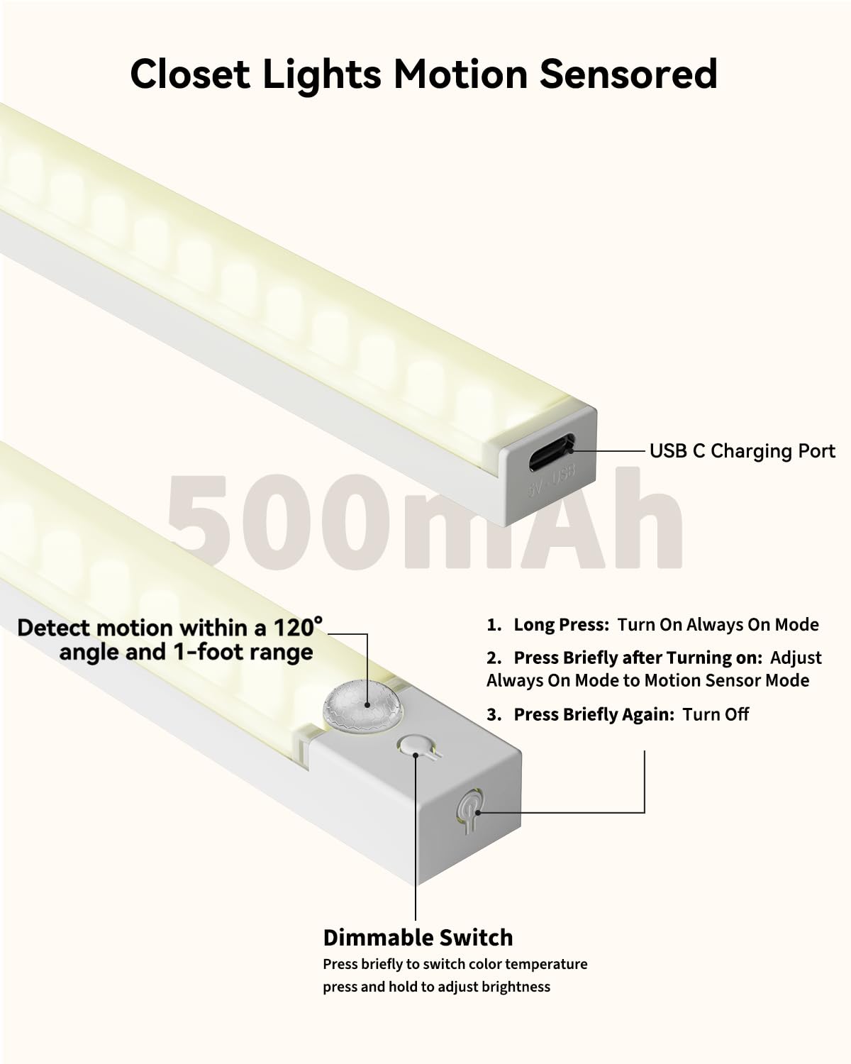 Dimmable Motion Sensor Under Cabinet Light with Integrated Charging Station