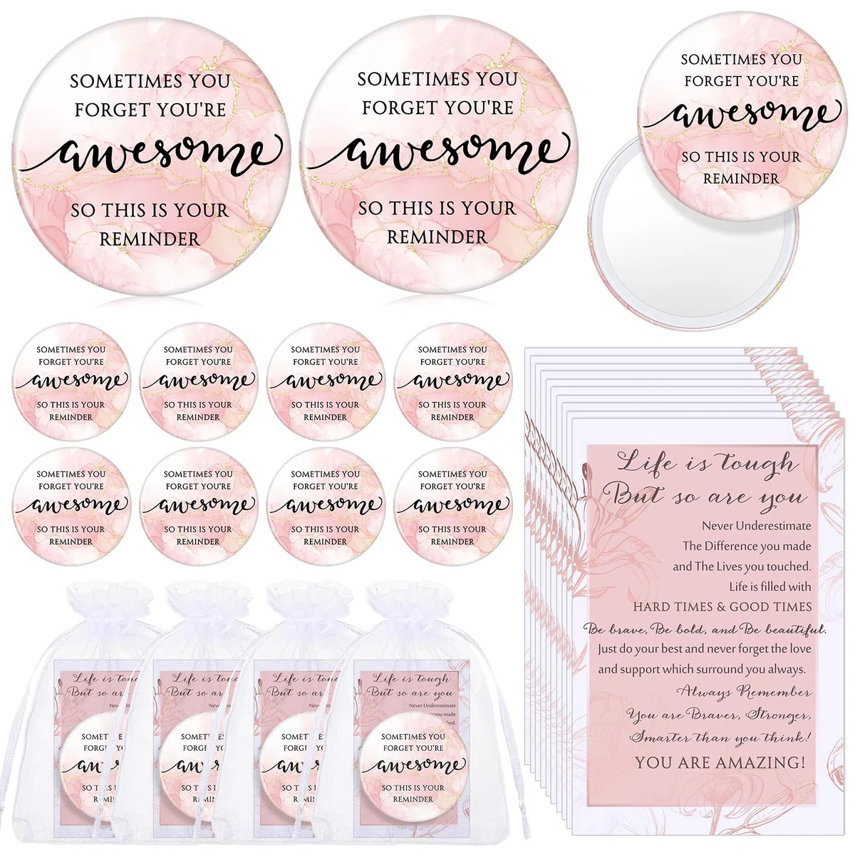 Cinnvoice Juego de 50 espejos compactos inspiradores para mujeres, a granel, con texto en inglés "Sometimes You Forget You're Awesome Makeup", espejo de bolsillo para bolso, tarjetas motivacionales